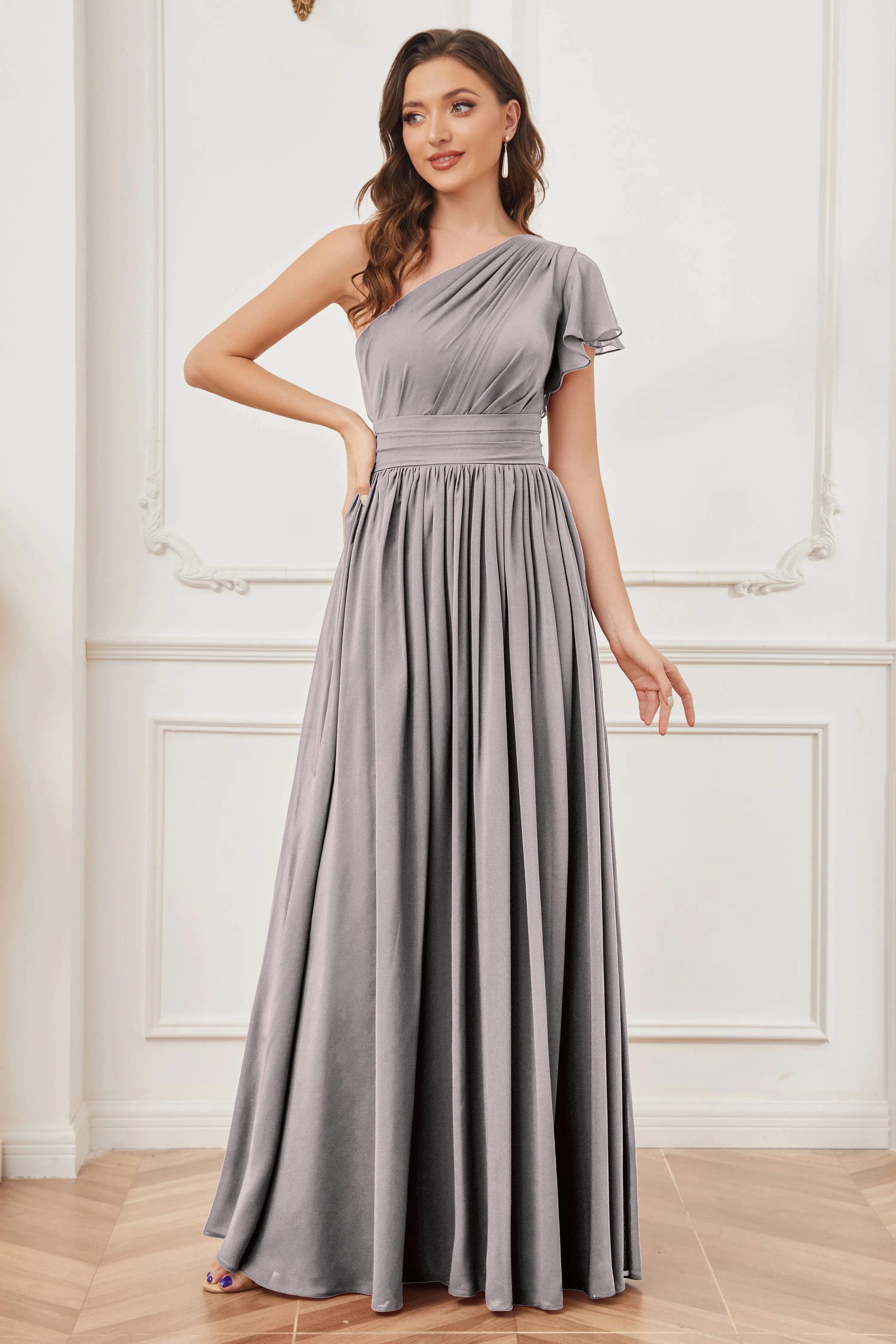 One Shoulder Chiffon Long Bridesmaid Dresses