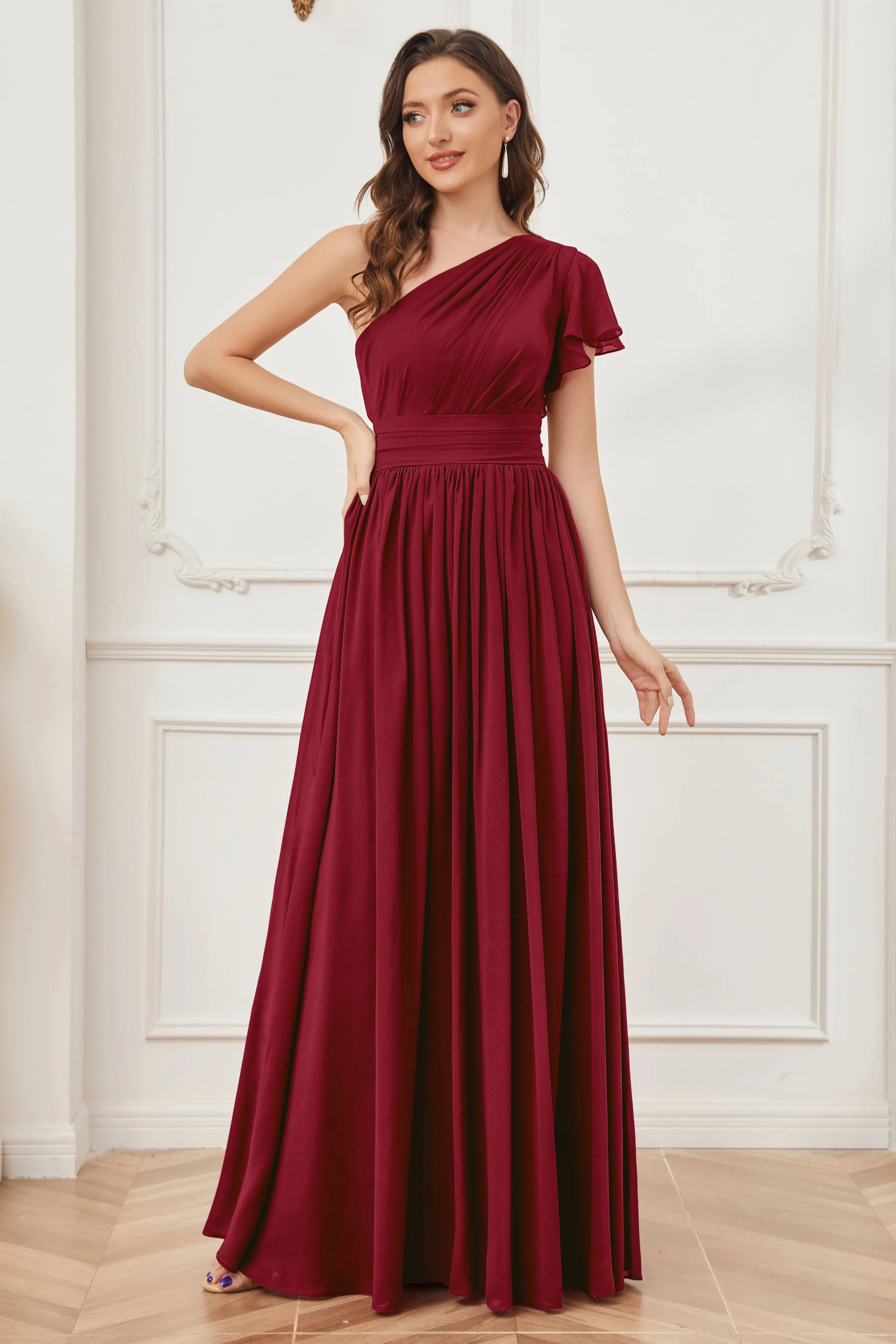 One Shoulder Chiffon Long Bridesmaid Dresses