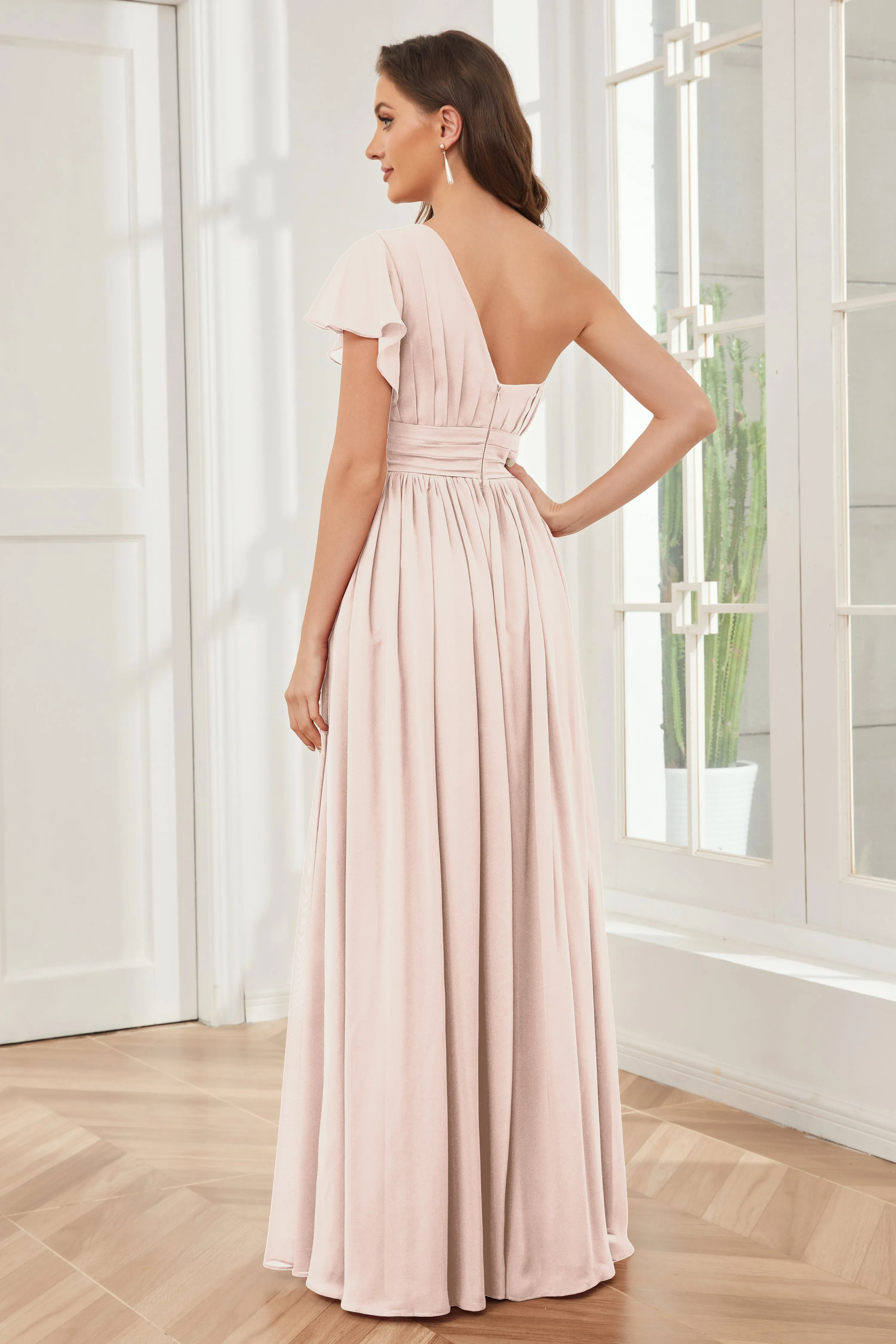 One Shoulder Chiffon Long Bridesmaid Dresses