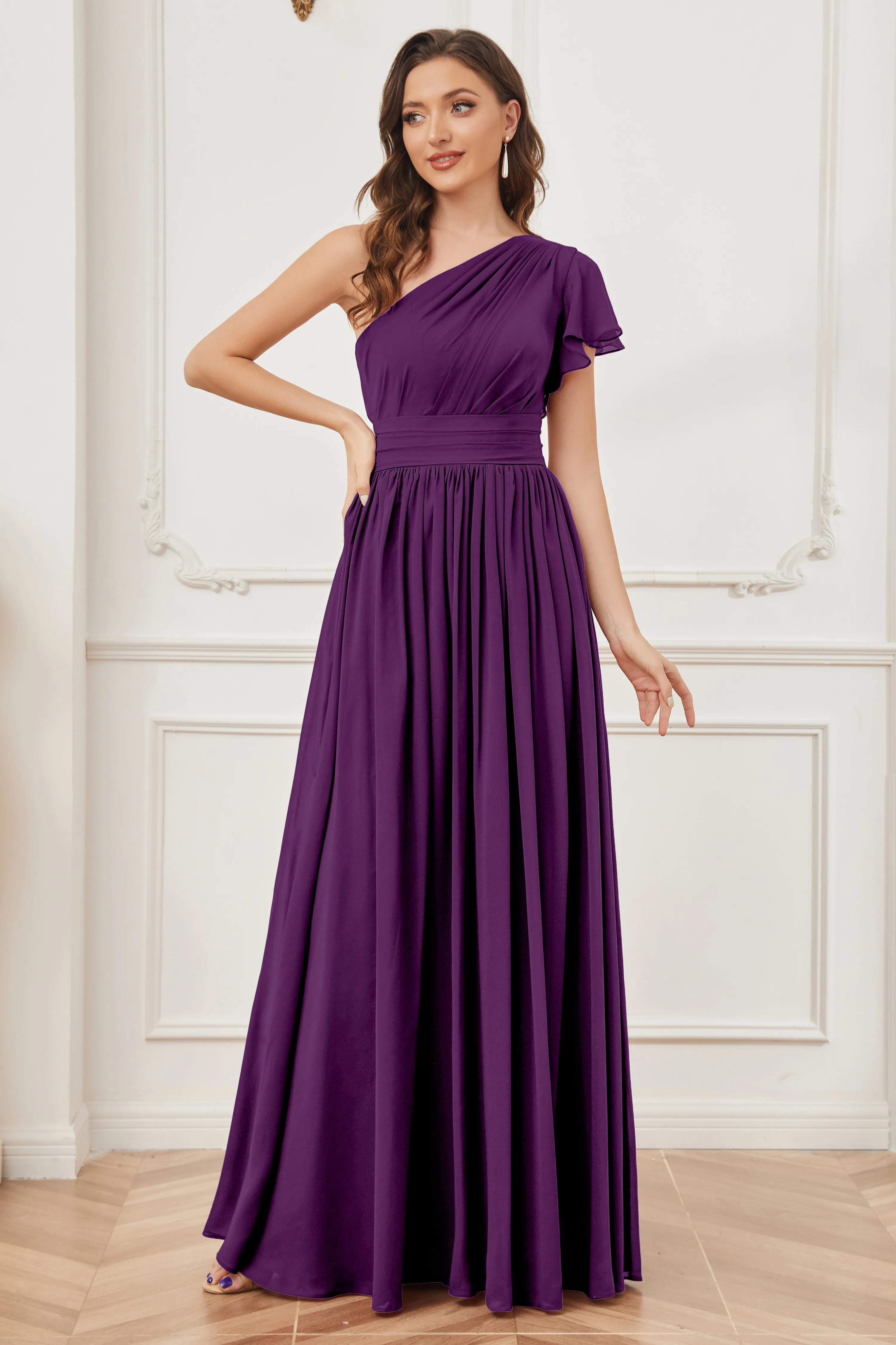 One Shoulder Chiffon Long Bridesmaid Dresses