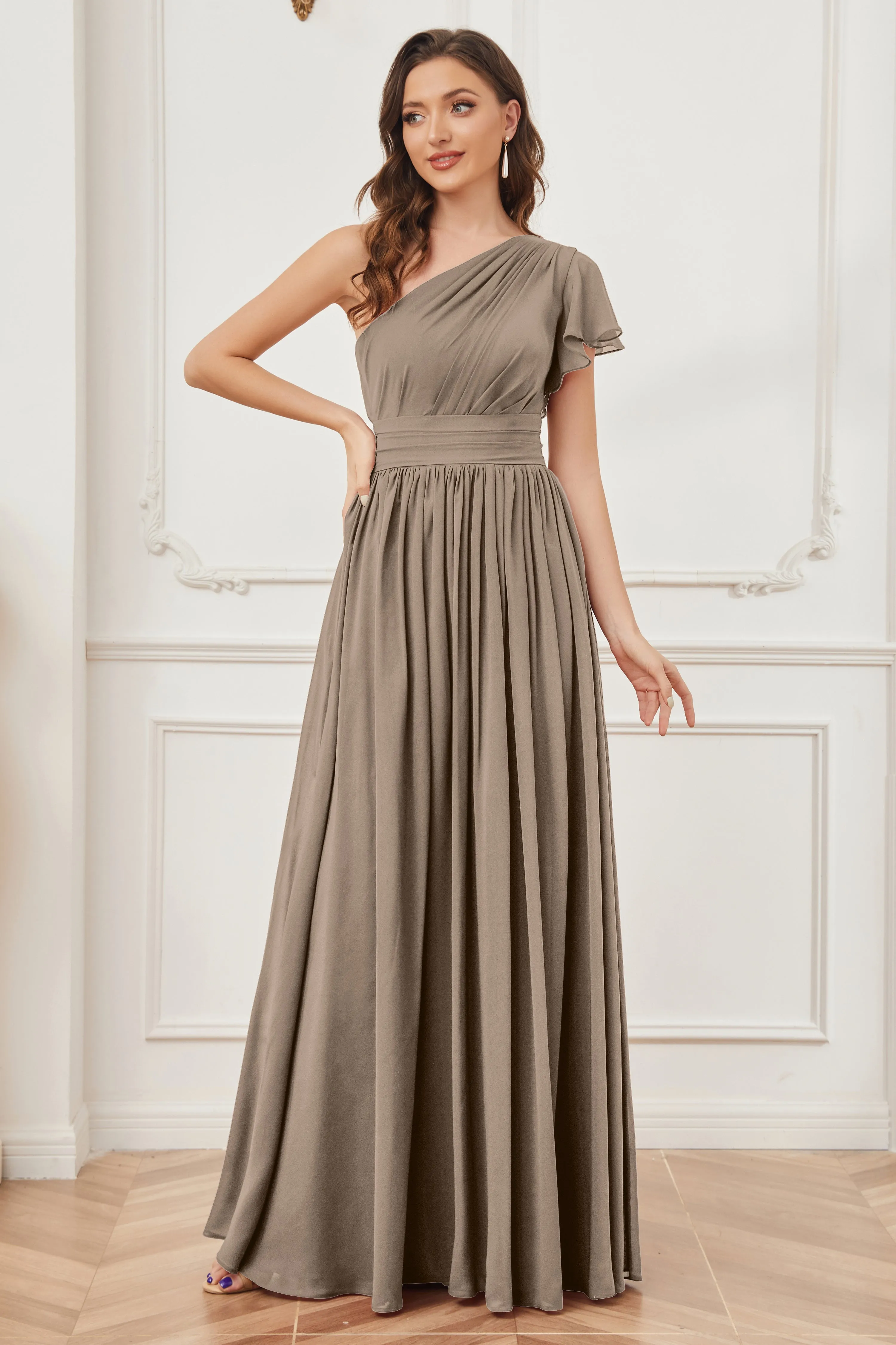 One Shoulder Chiffon Long Bridesmaid Dresses