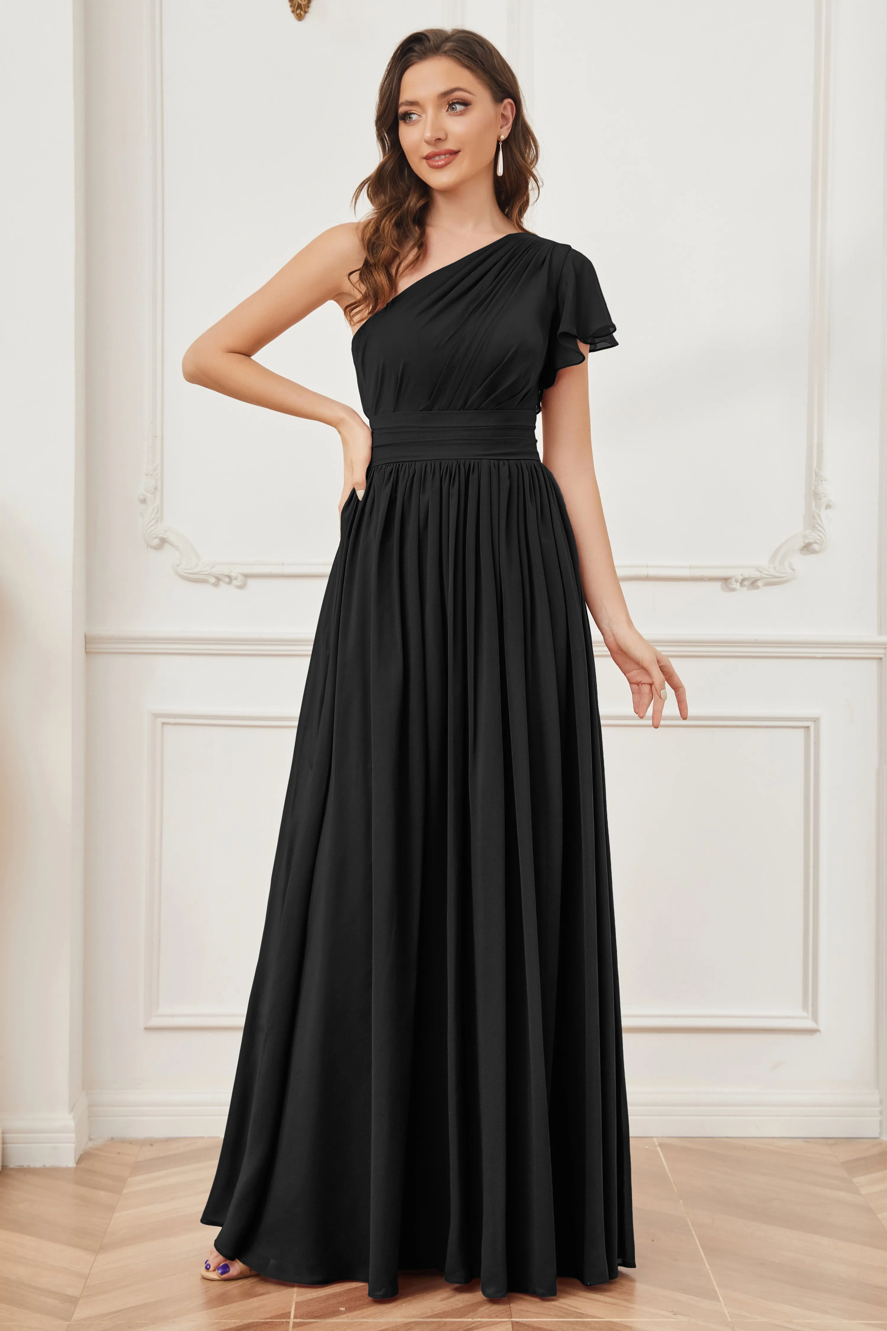 One Shoulder Chiffon Long Bridesmaid Dresses