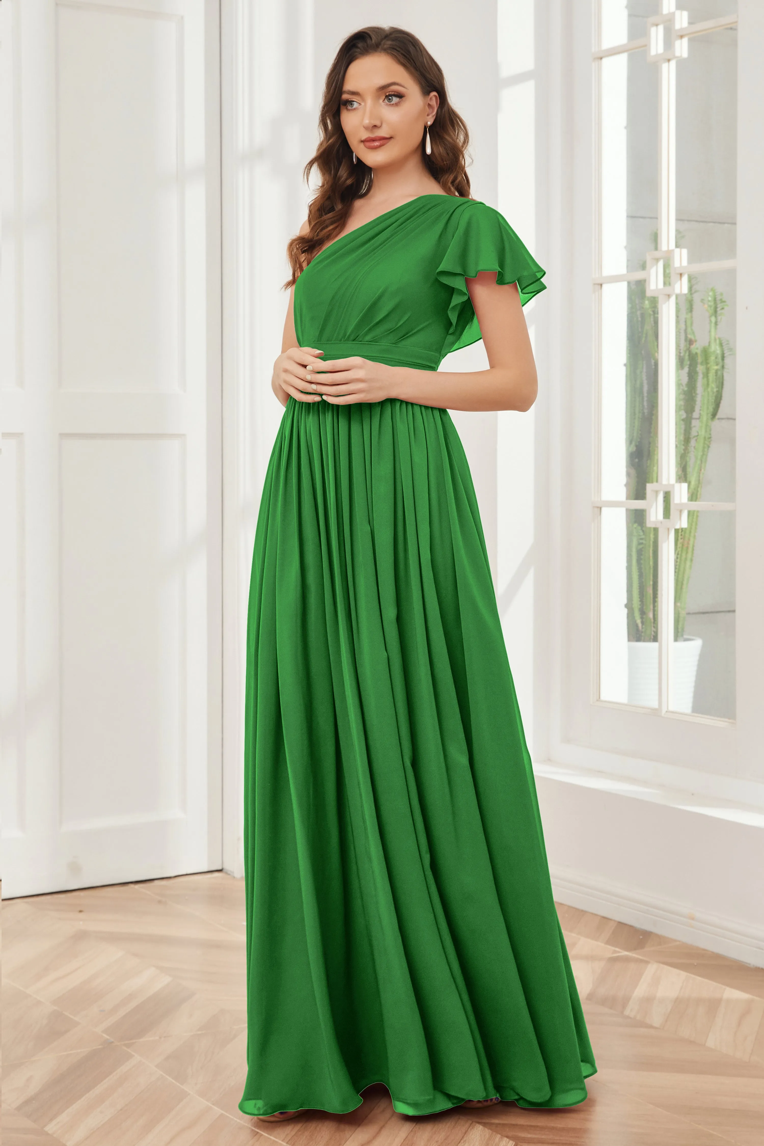 One Shoulder Chiffon Long Bridesmaid Dresses