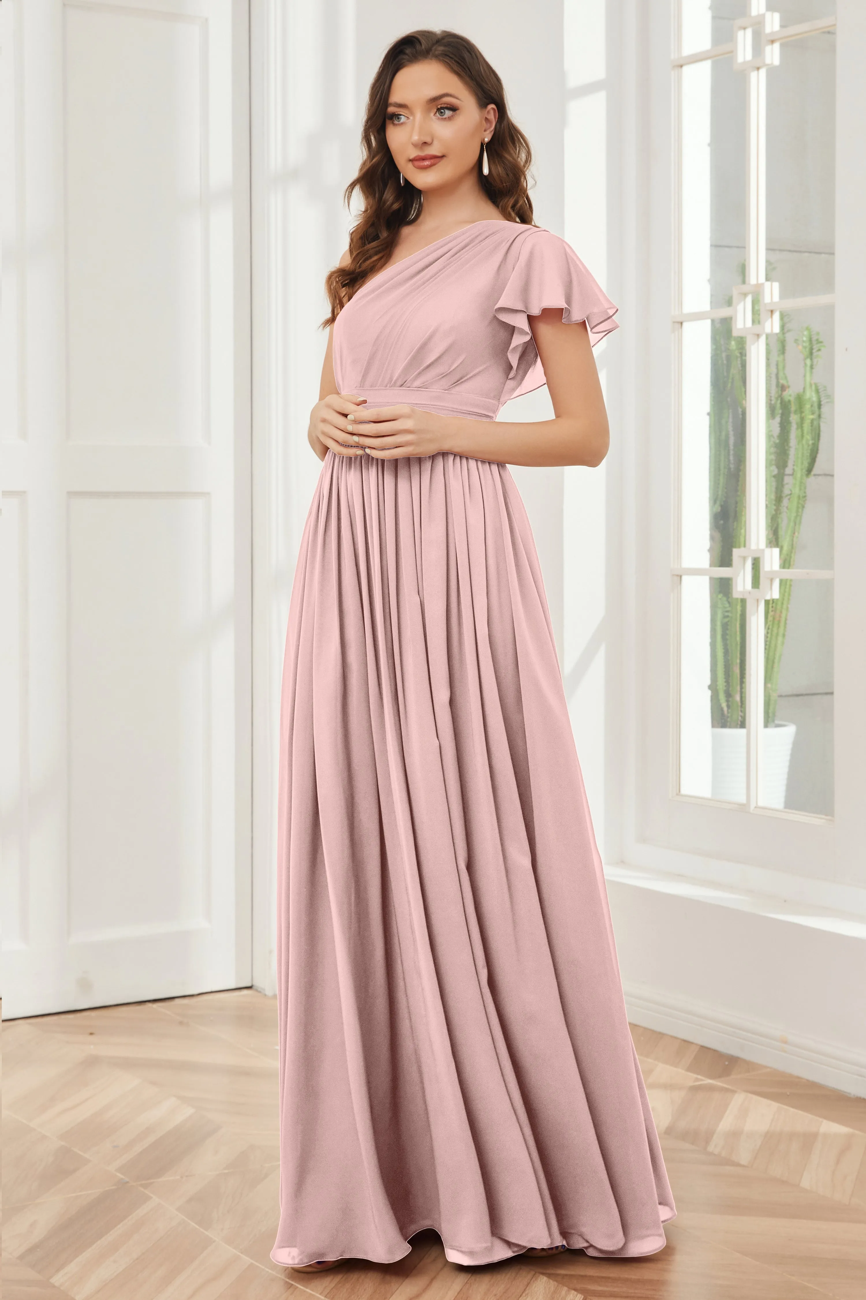 One Shoulder Chiffon Long Bridesmaid Dresses