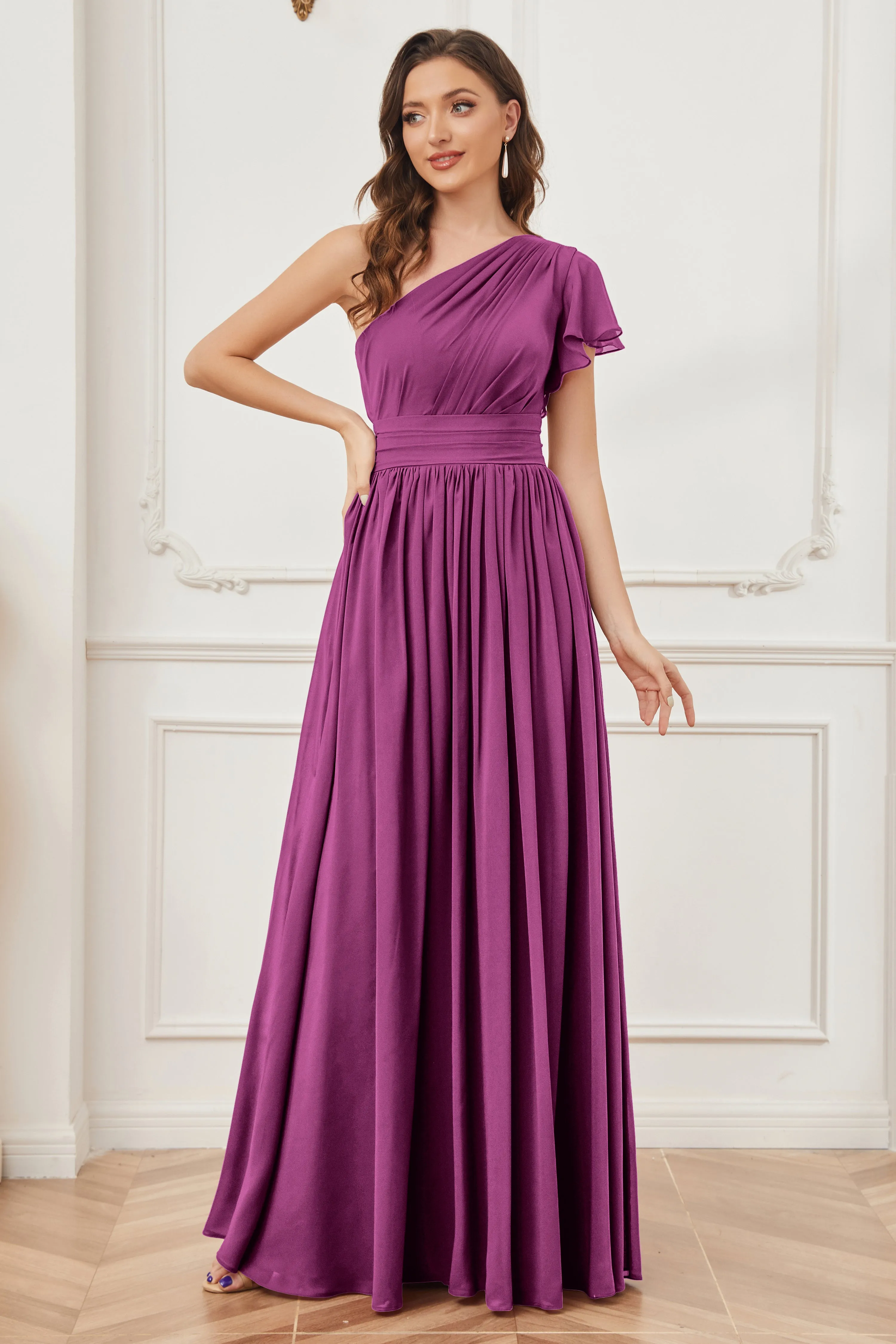 One Shoulder Chiffon Long Bridesmaid Dresses