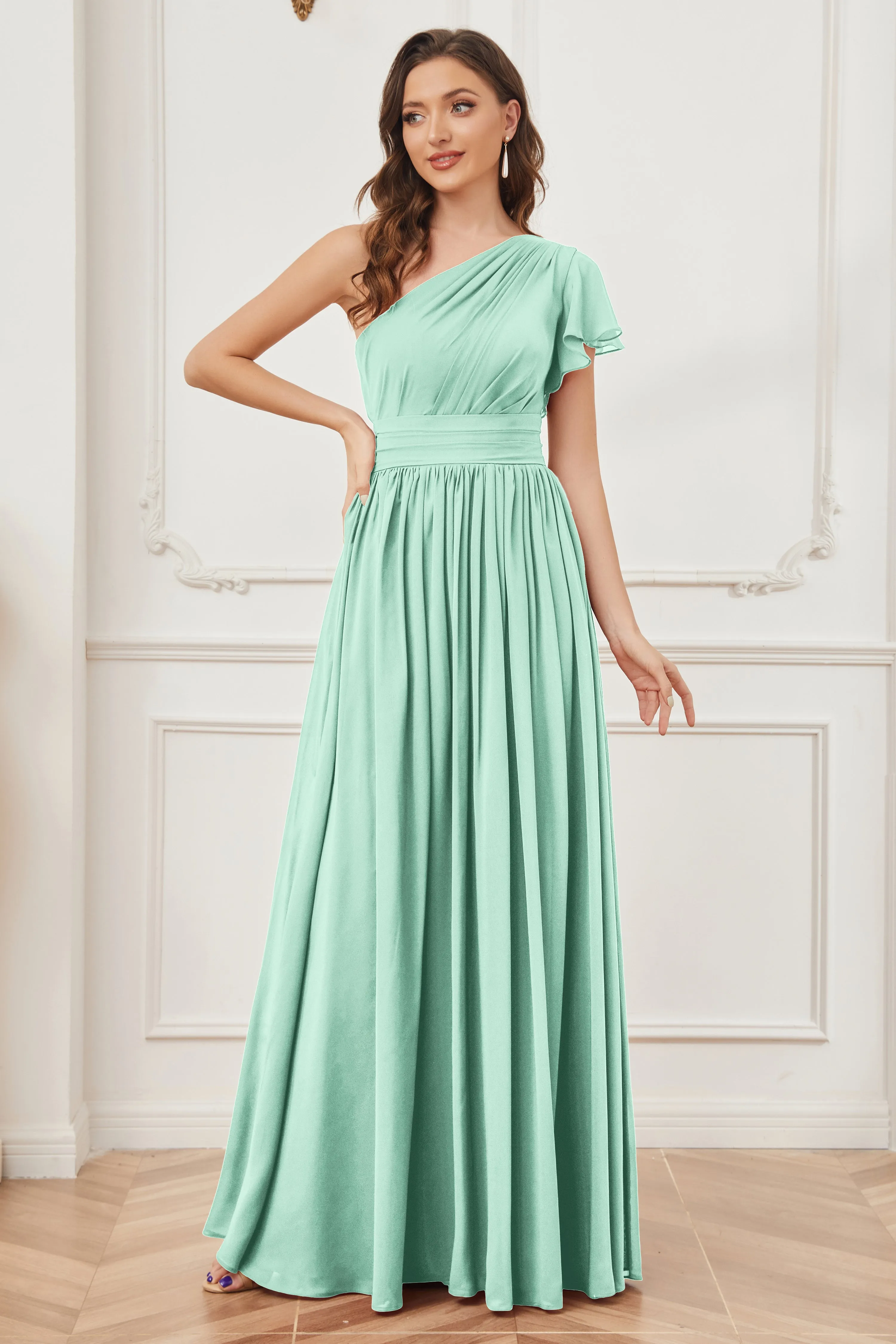 One Shoulder Chiffon Long Bridesmaid Dresses