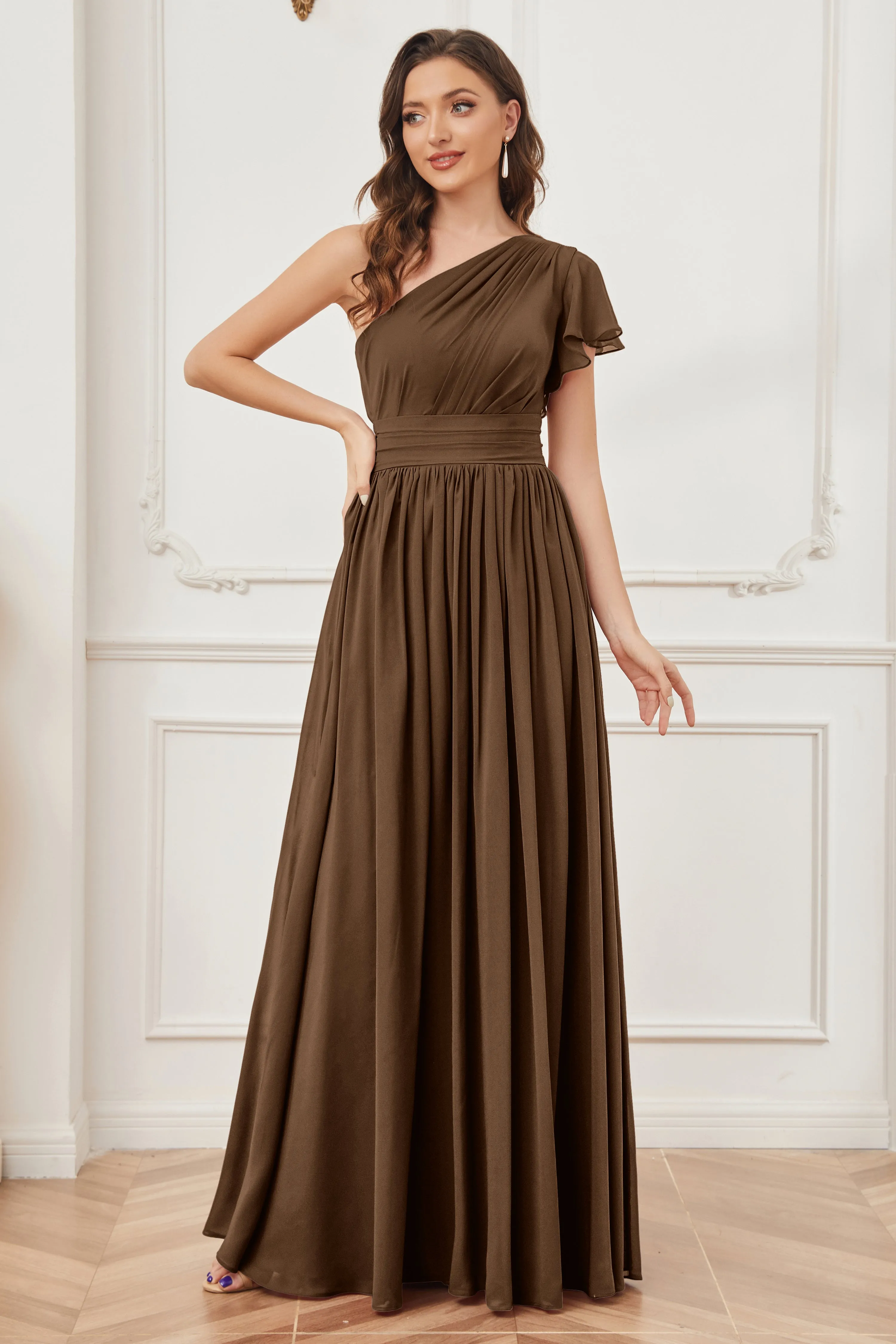 One Shoulder Chiffon Long Bridesmaid Dresses