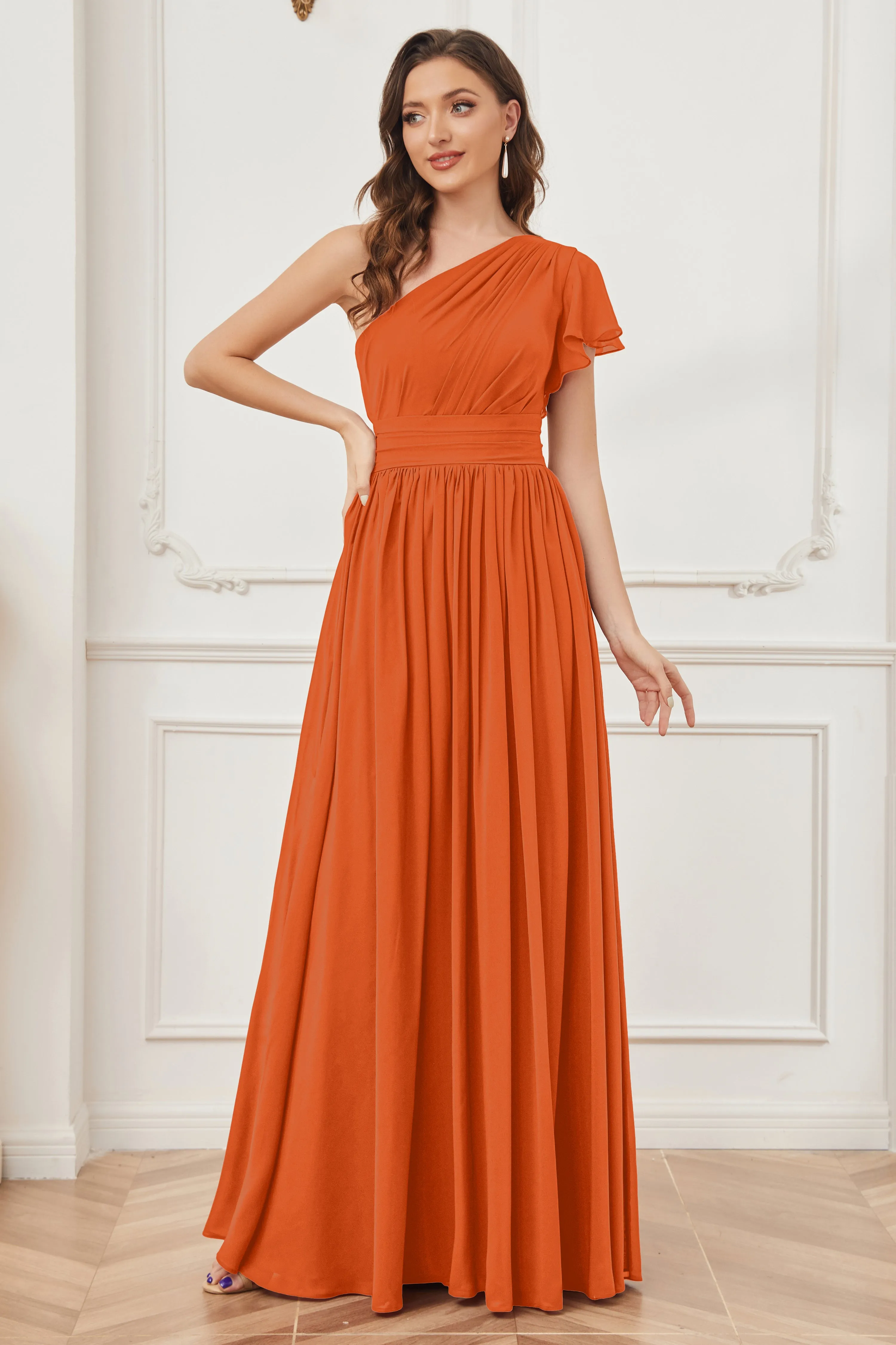 One Shoulder Chiffon Long Bridesmaid Dresses