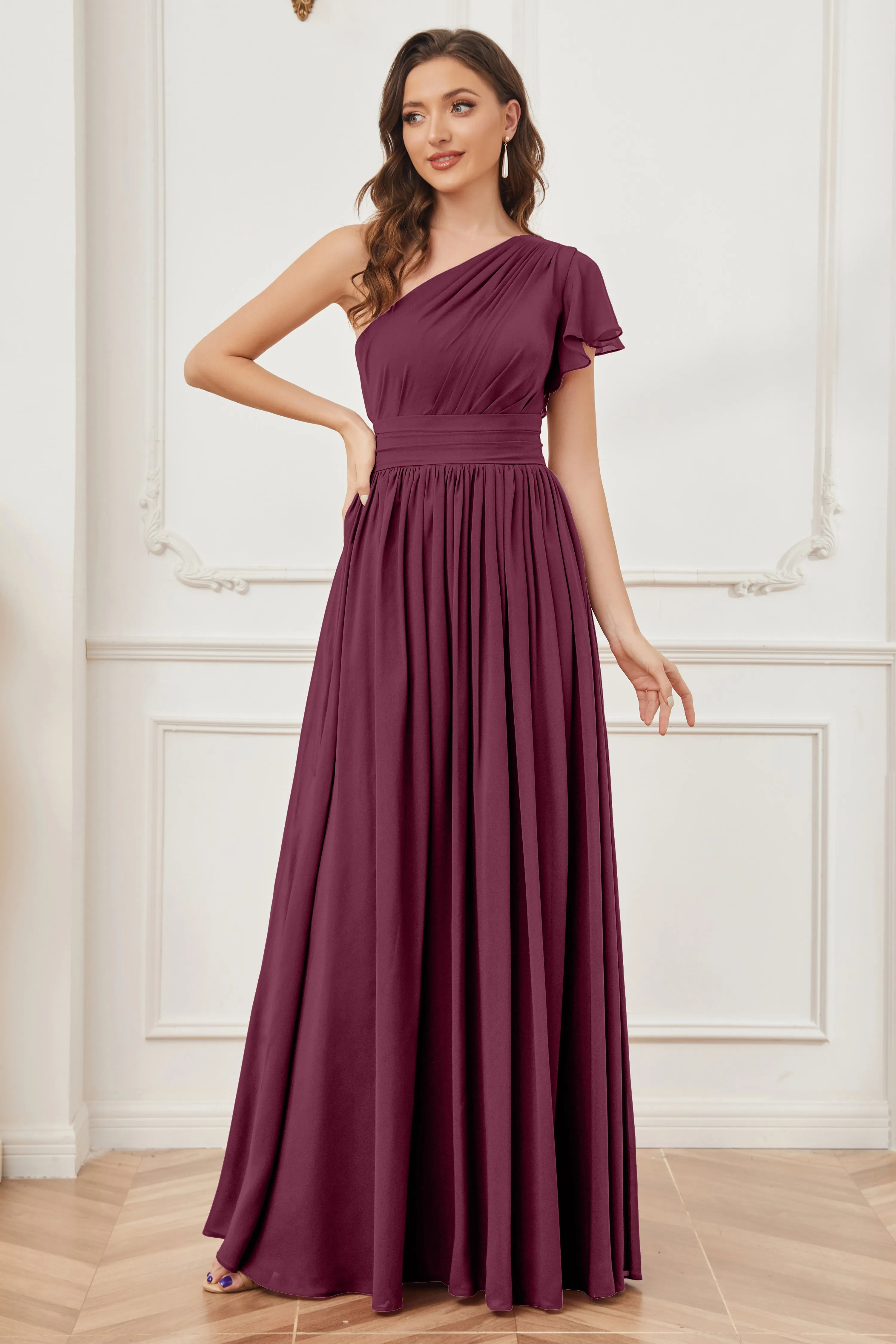 One Shoulder Chiffon Long Bridesmaid Dresses