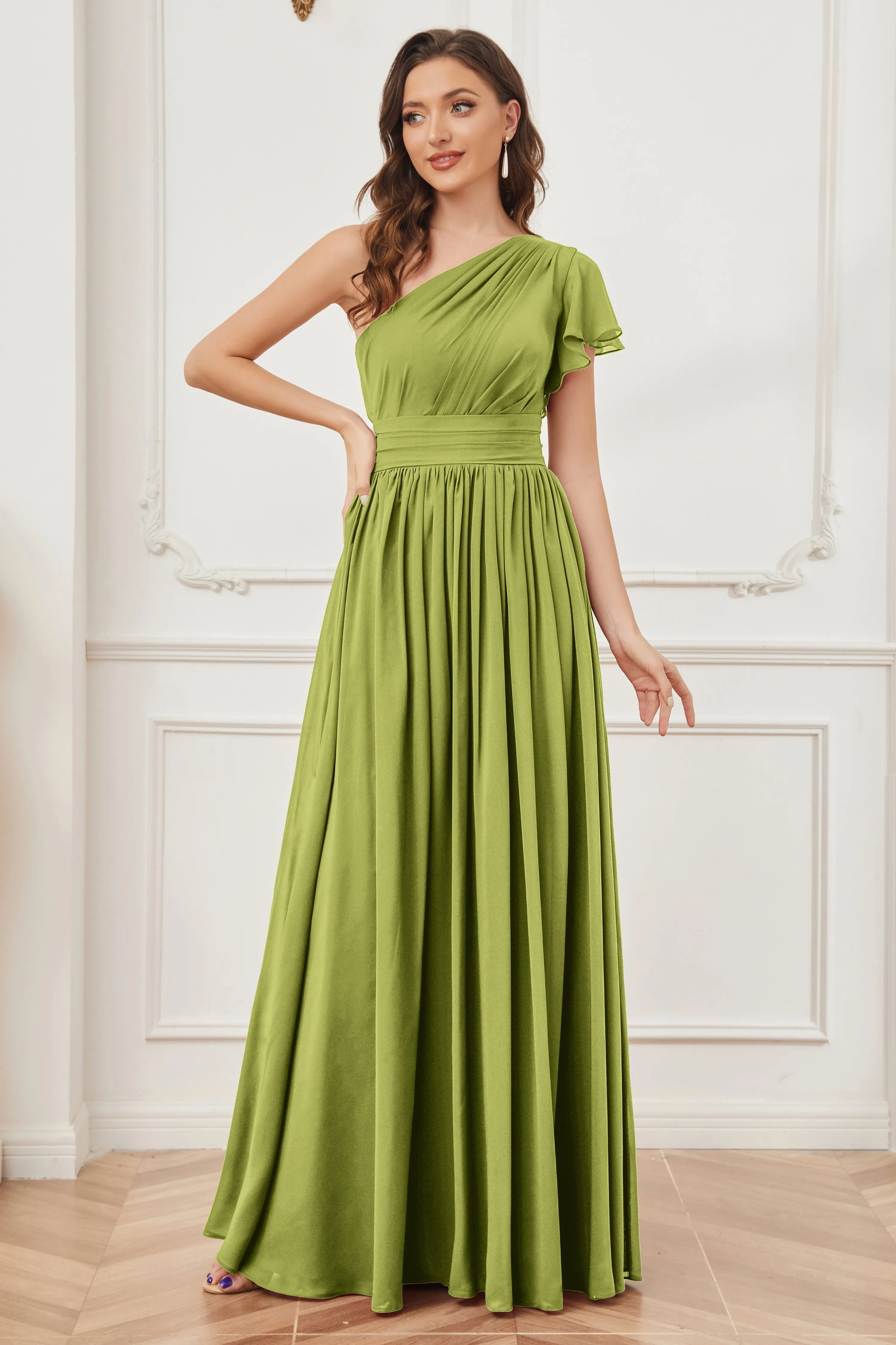 One Shoulder Chiffon Long Bridesmaid Dresses