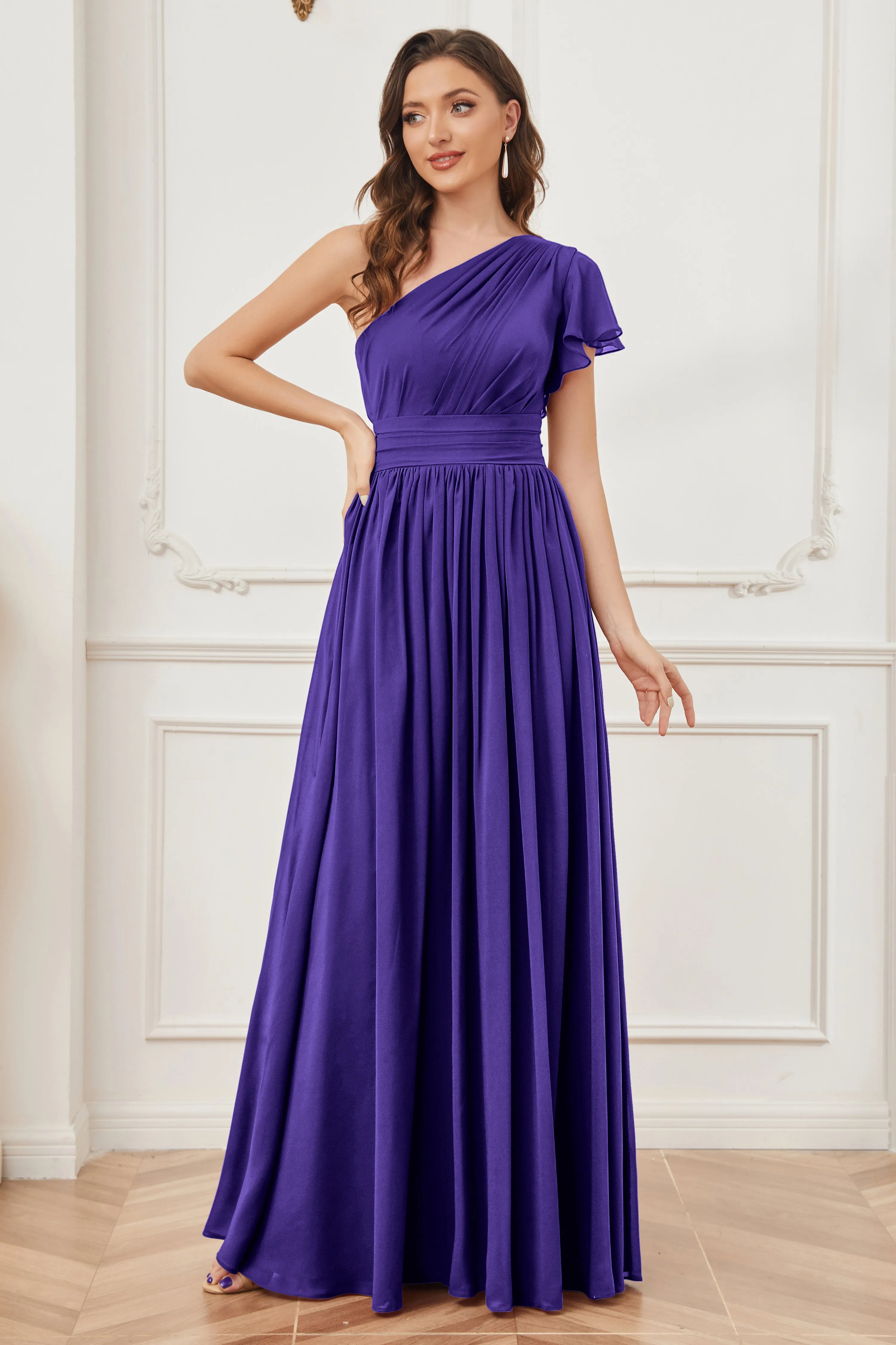 One Shoulder Chiffon Long Bridesmaid Dresses