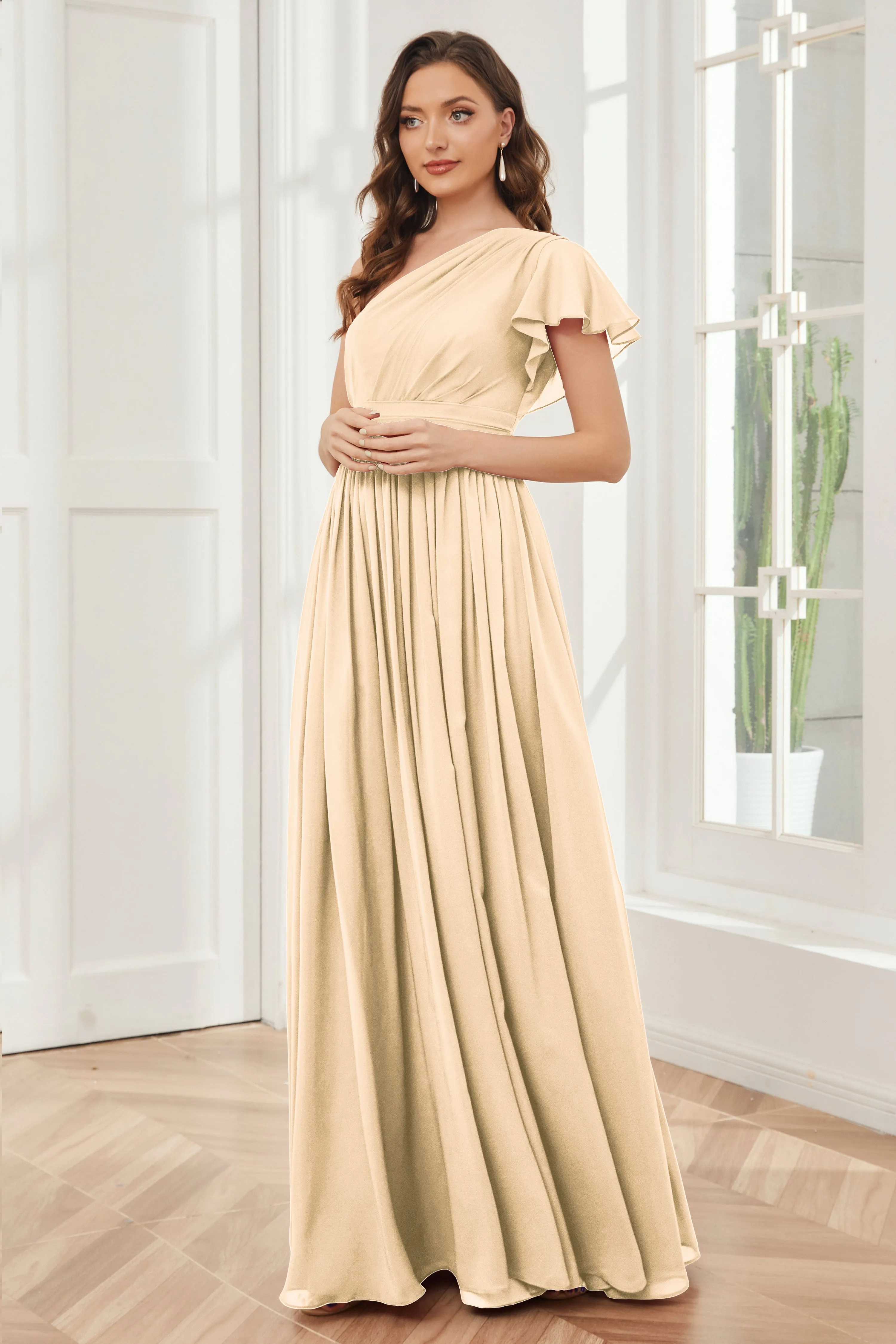 One Shoulder Chiffon Long Bridesmaid Dresses