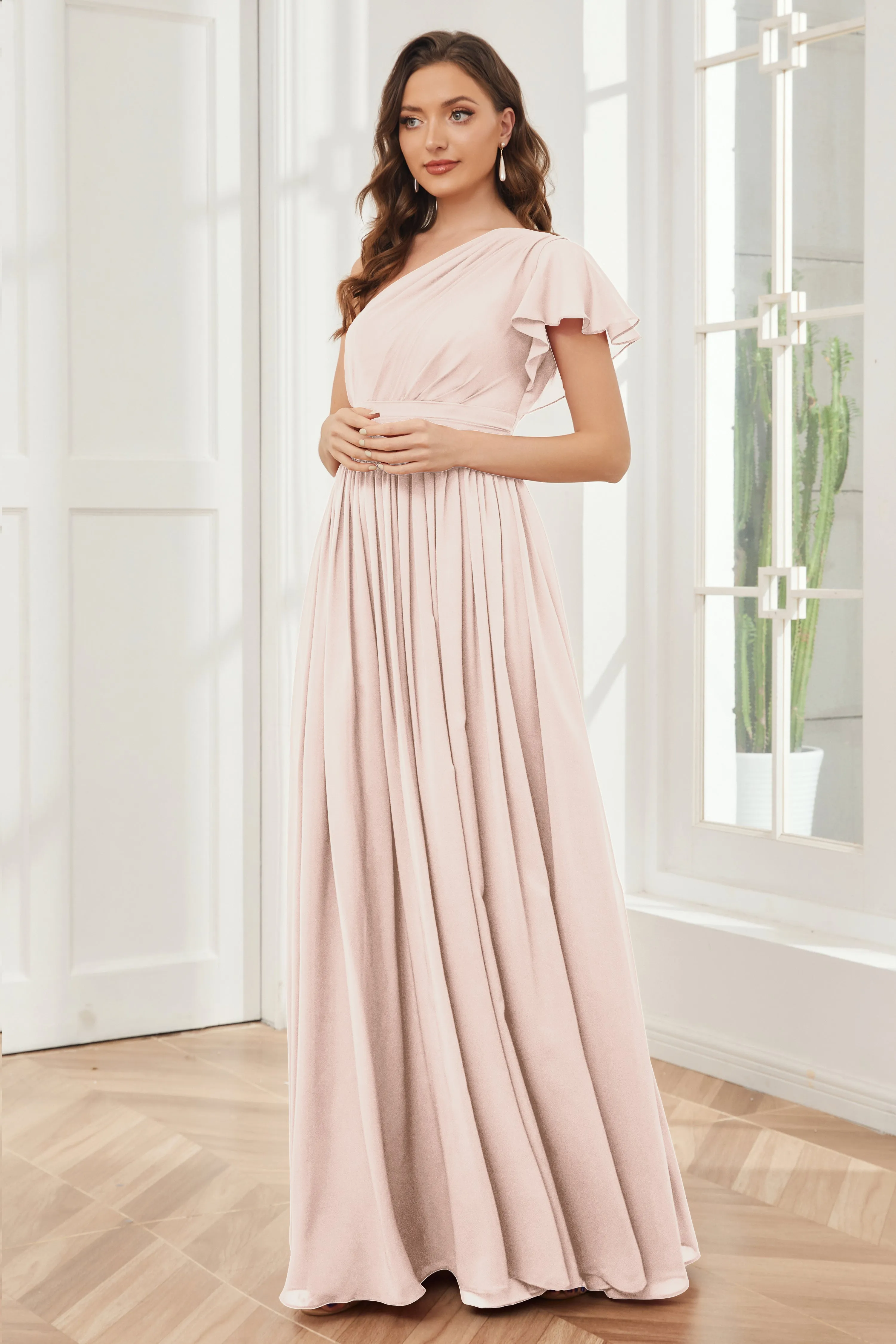 One Shoulder Chiffon Long Bridesmaid Dresses
