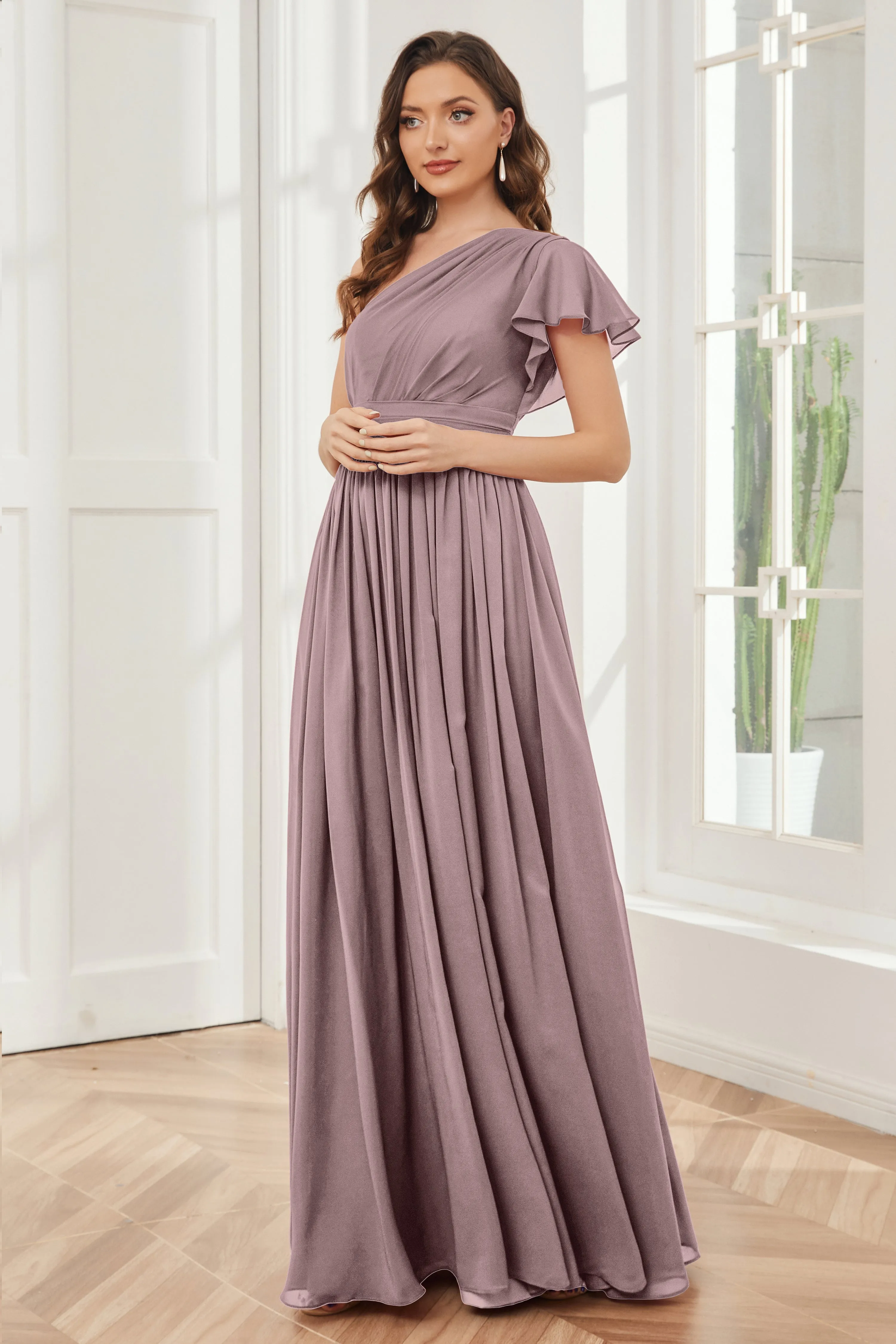 One Shoulder Chiffon Long Bridesmaid Dresses
