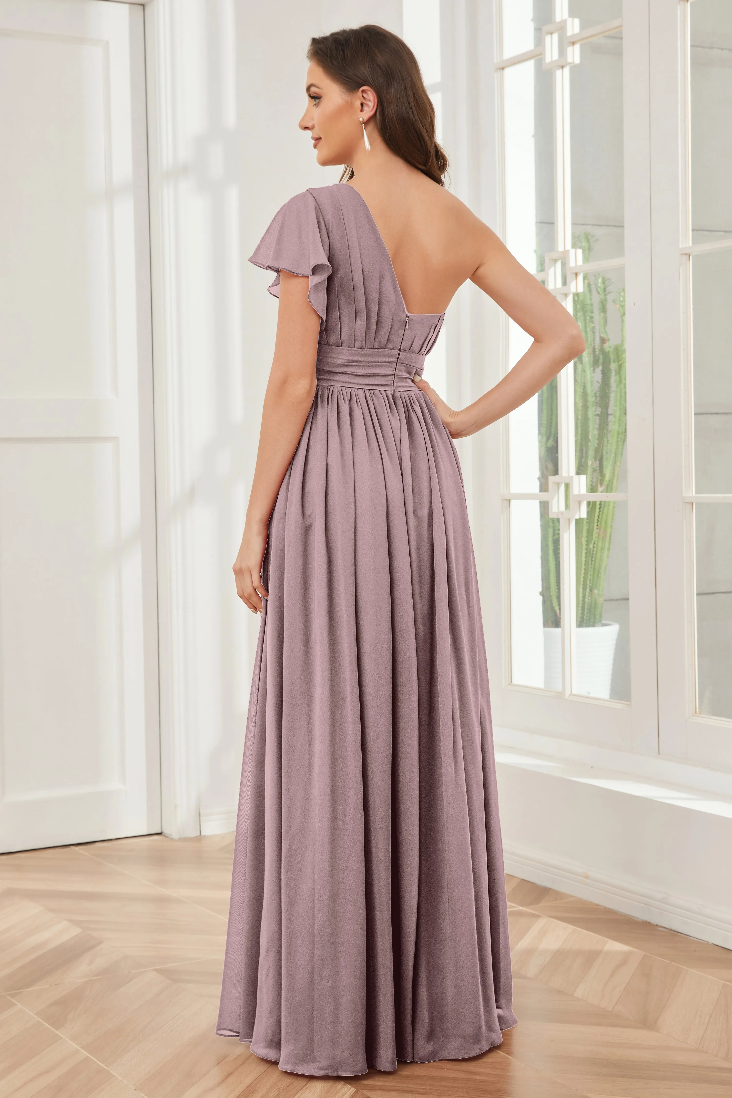 One Shoulder Chiffon Long Bridesmaid Dresses