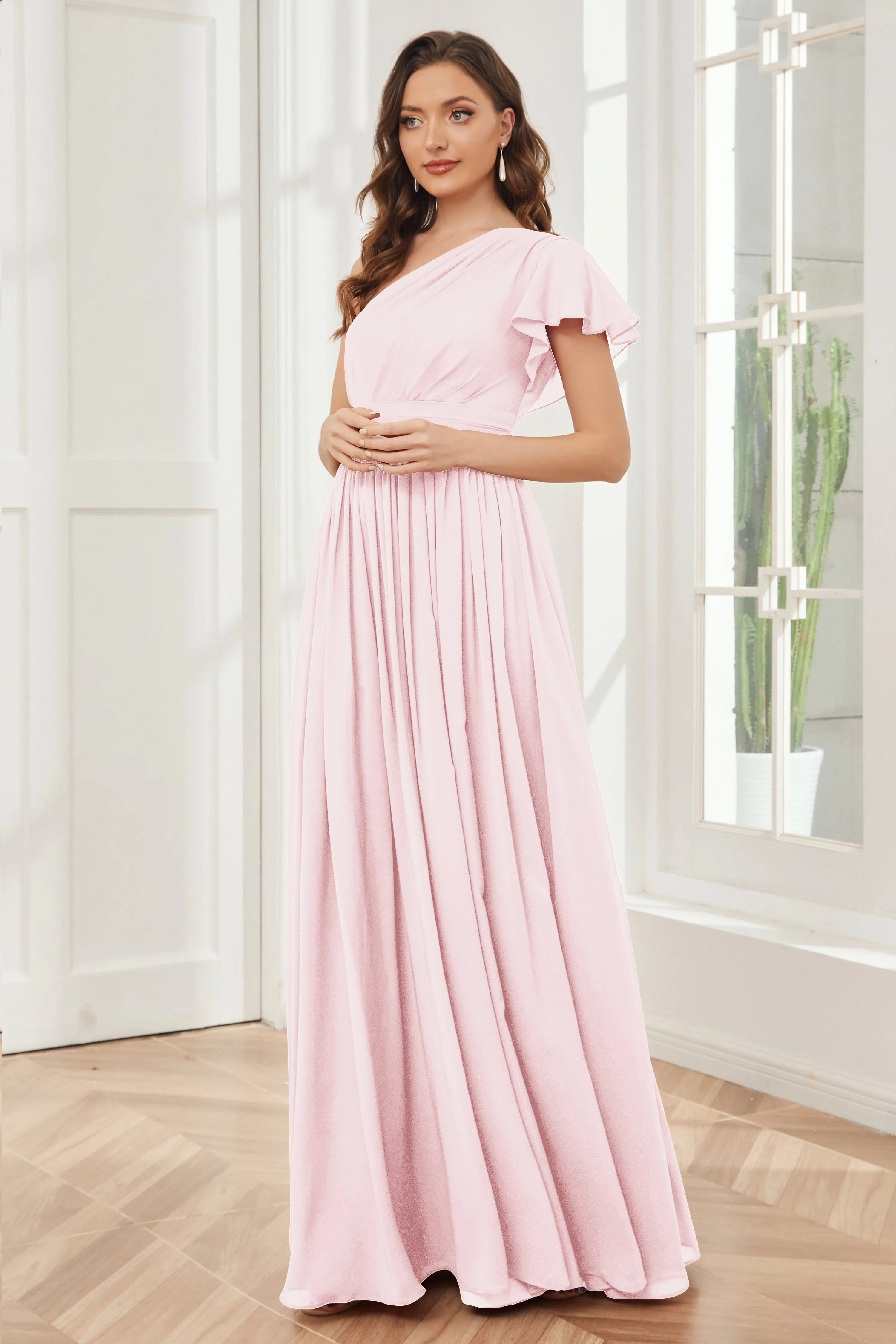 One Shoulder Chiffon Long Bridesmaid Dresses