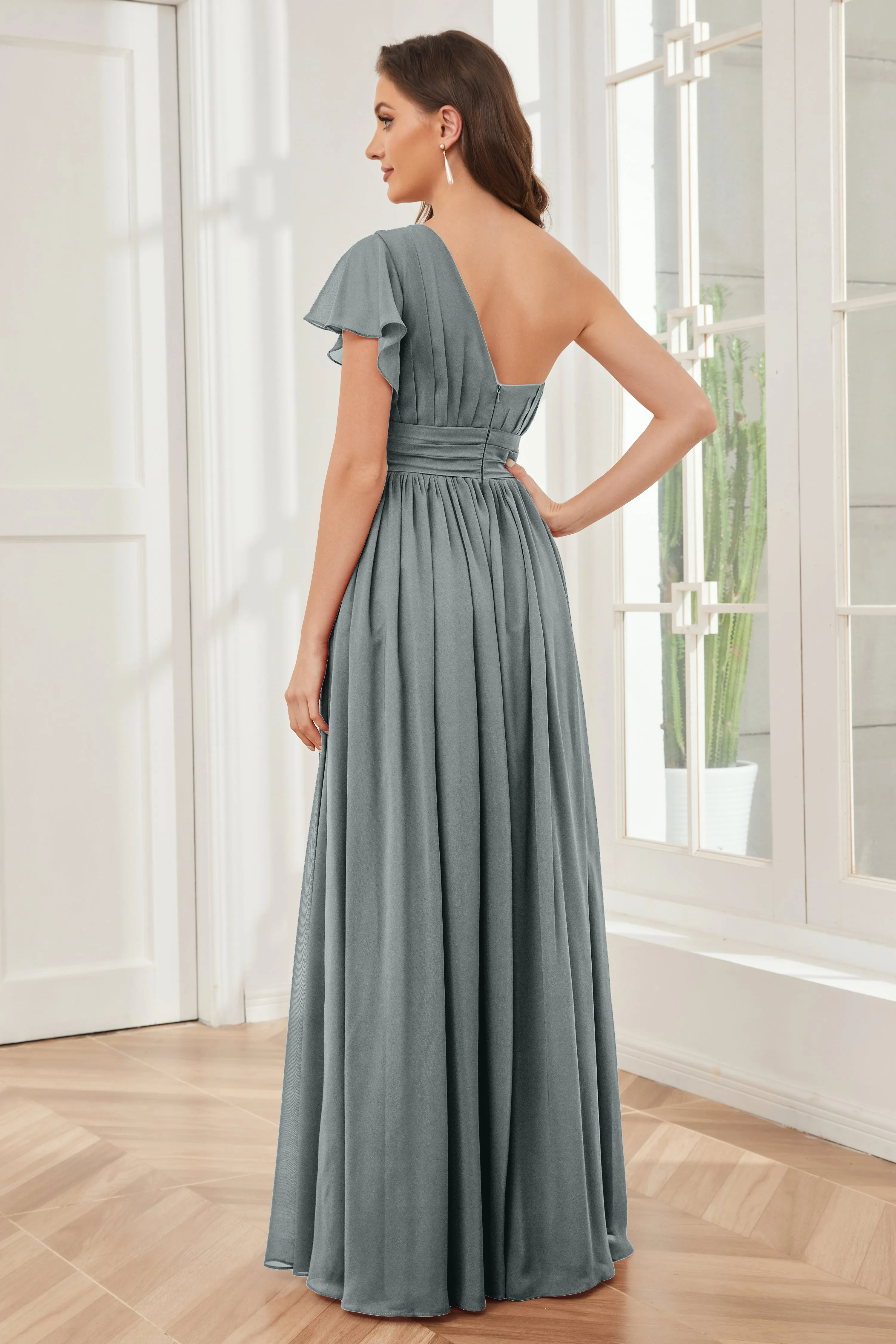 One Shoulder Chiffon Long Bridesmaid Dresses