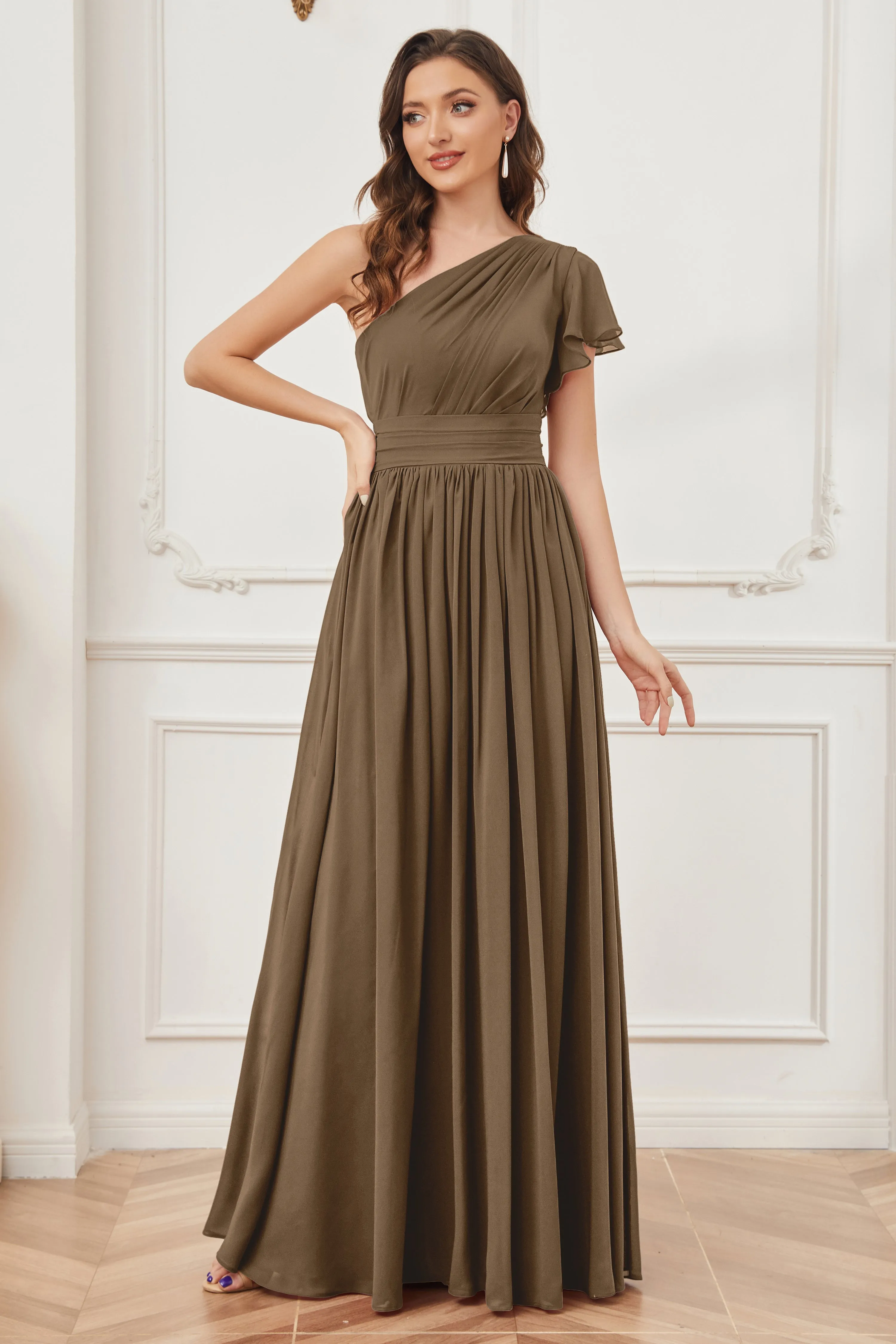 One Shoulder Chiffon Long Bridesmaid Dresses
