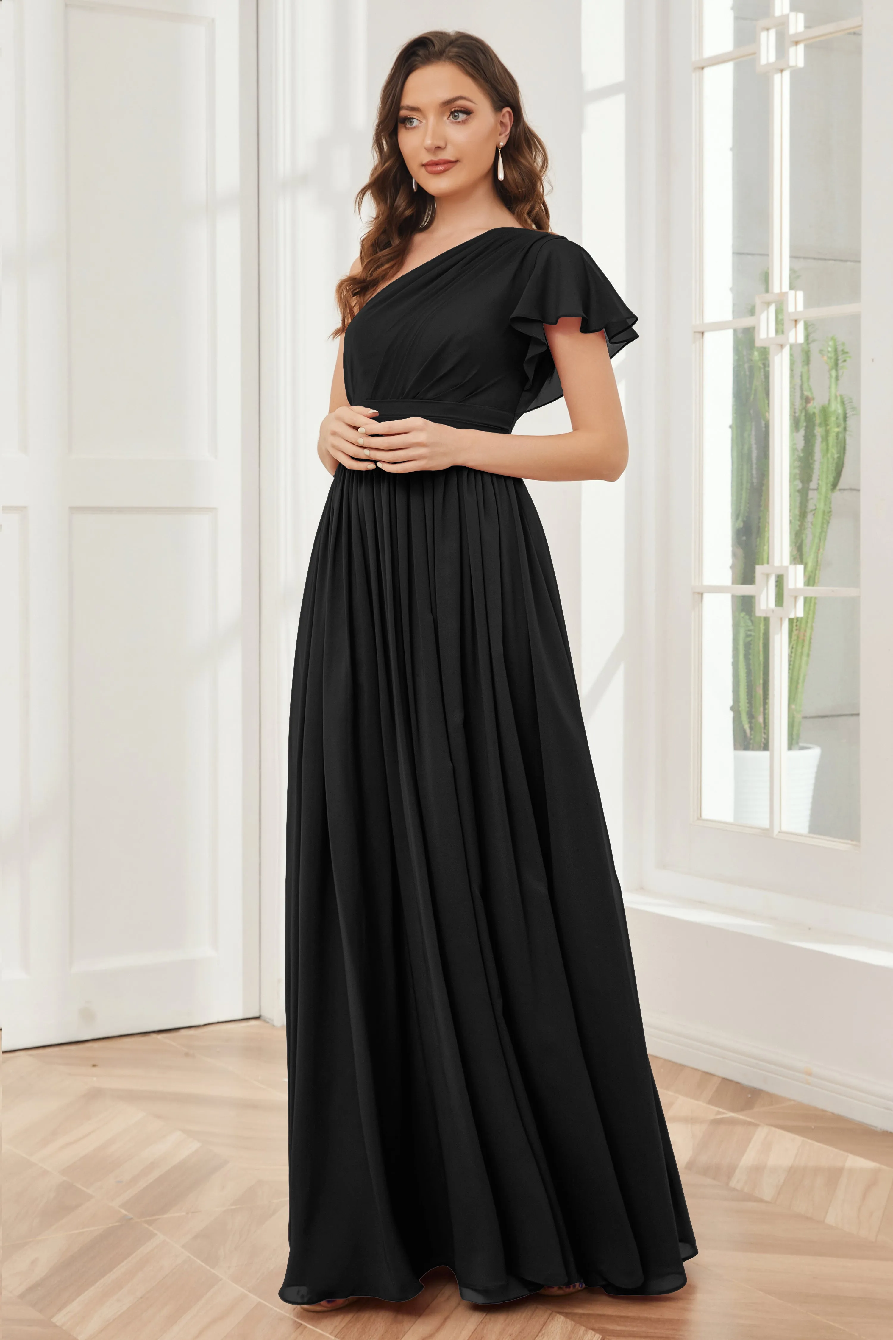 One Shoulder Chiffon Long Bridesmaid Dresses