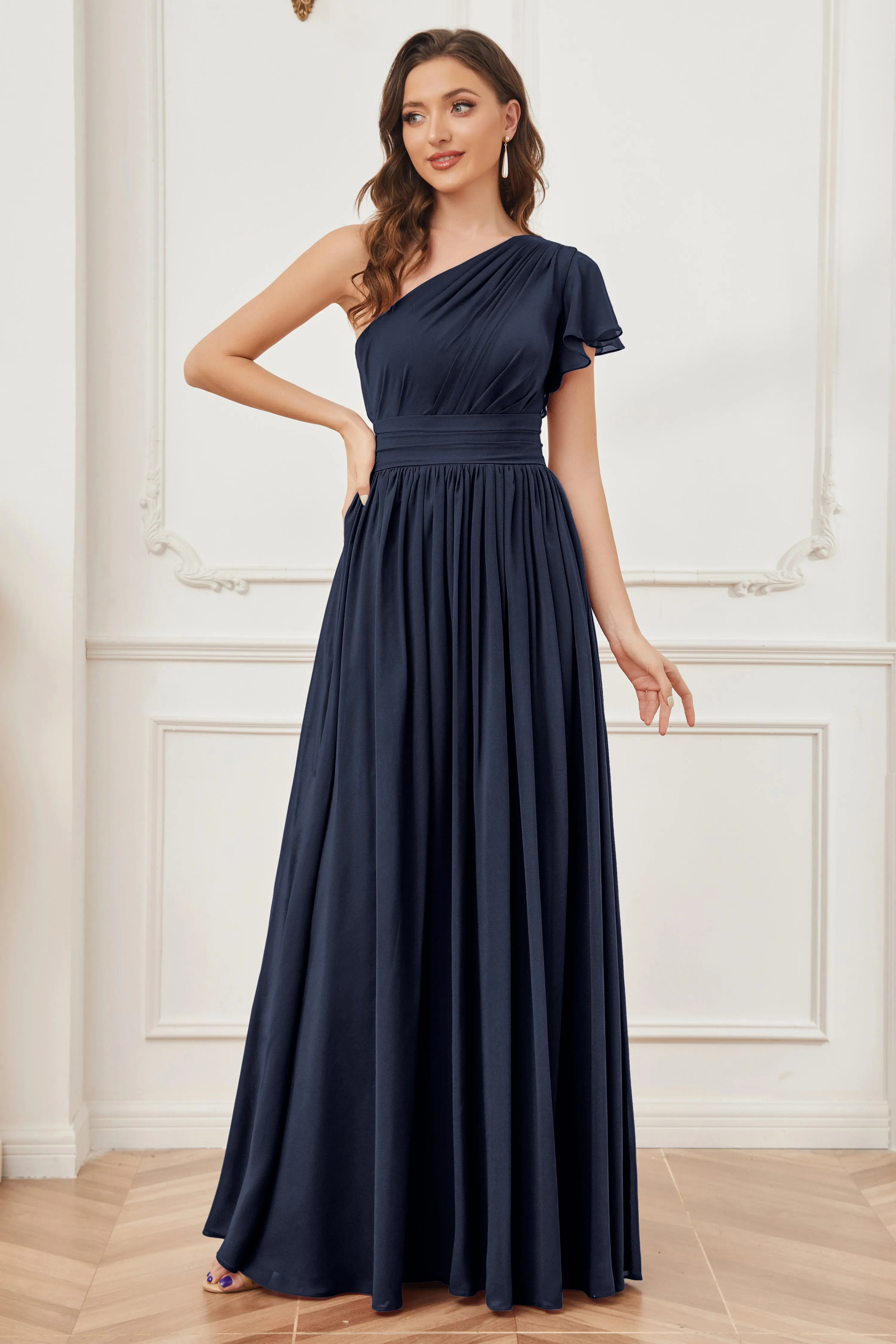 One Shoulder Chiffon Long Bridesmaid Dresses