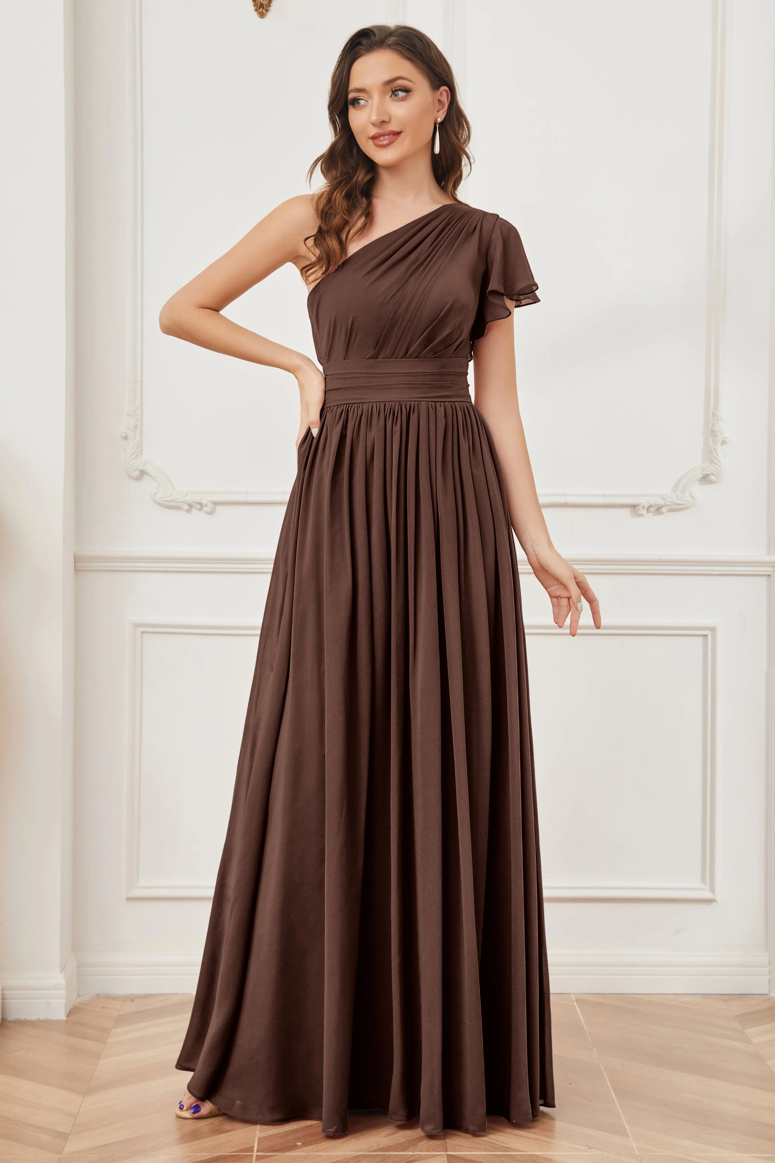 One Shoulder Chiffon Long Bridesmaid Dresses