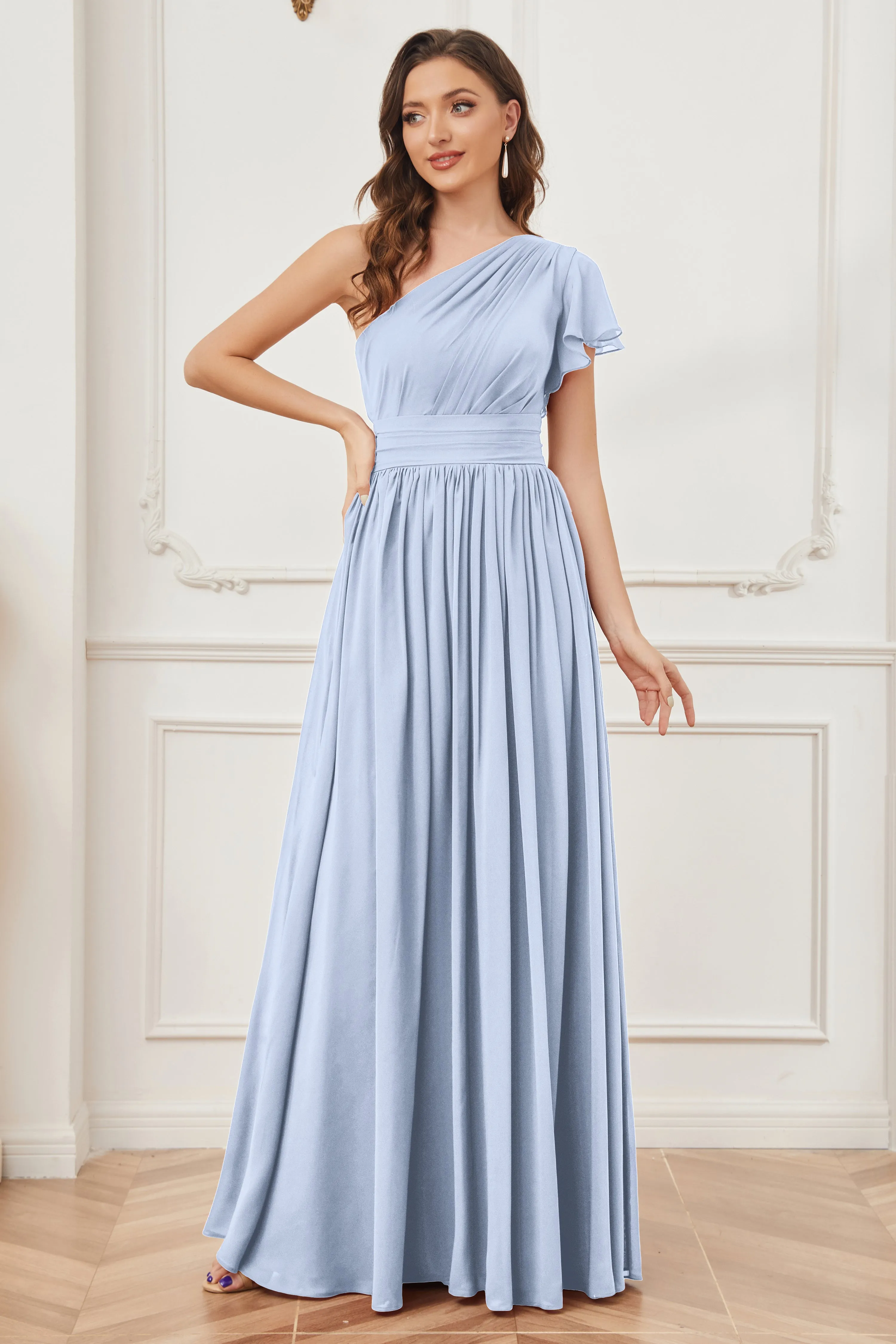 One Shoulder Chiffon Long Bridesmaid Dresses
