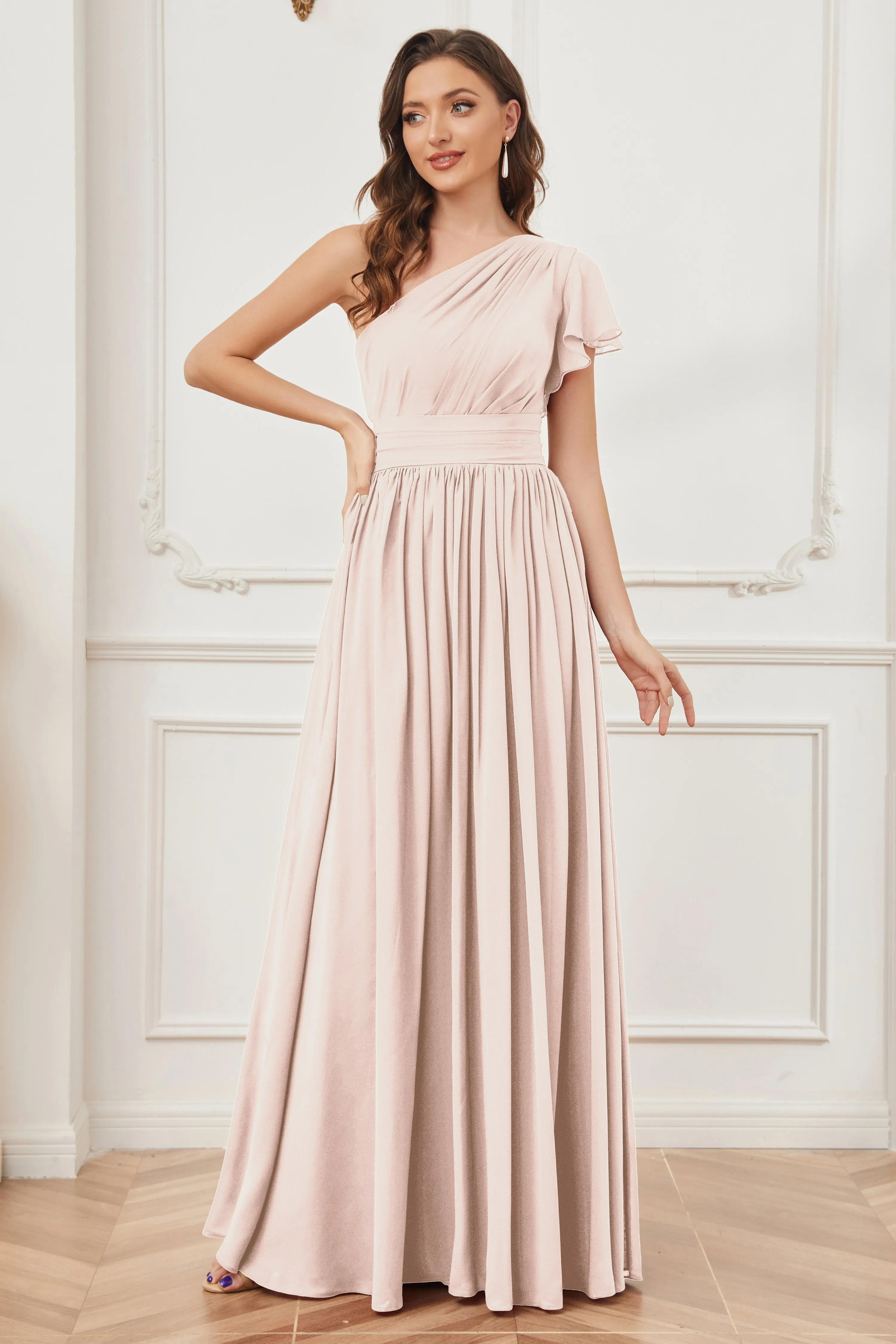 One Shoulder Chiffon Long Bridesmaid Dresses