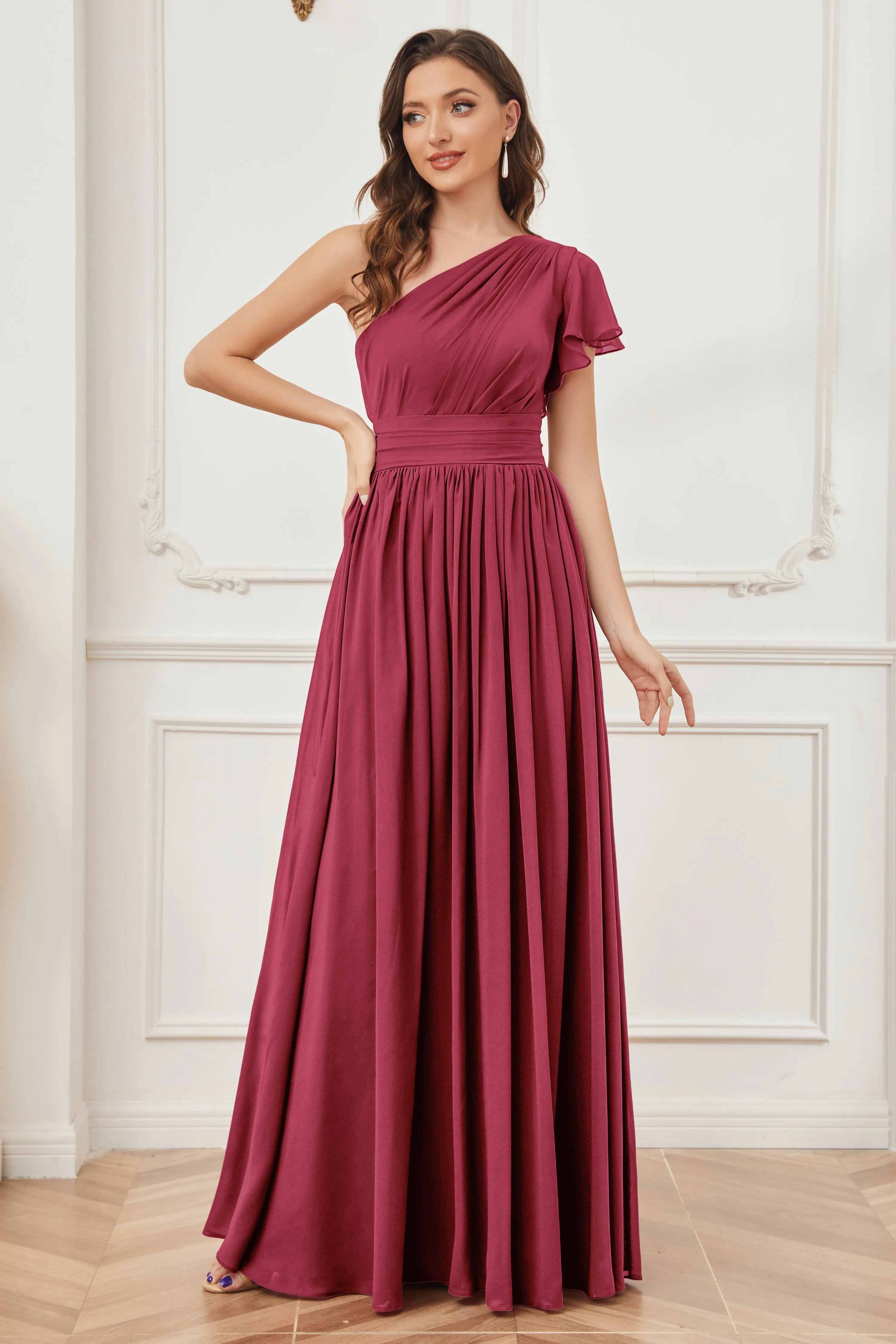 One Shoulder Chiffon Long Bridesmaid Dresses