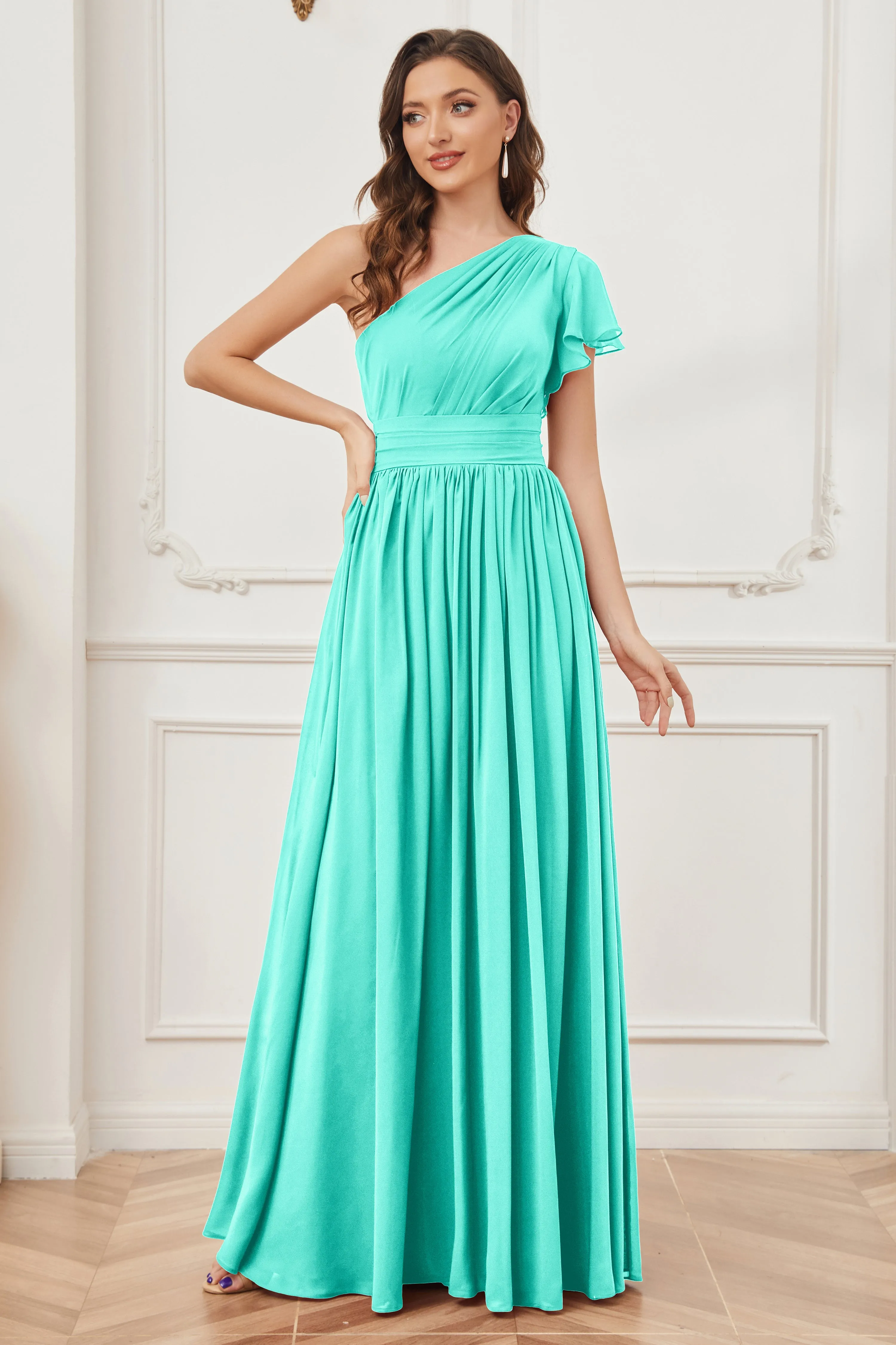 One Shoulder Chiffon Long Bridesmaid Dresses