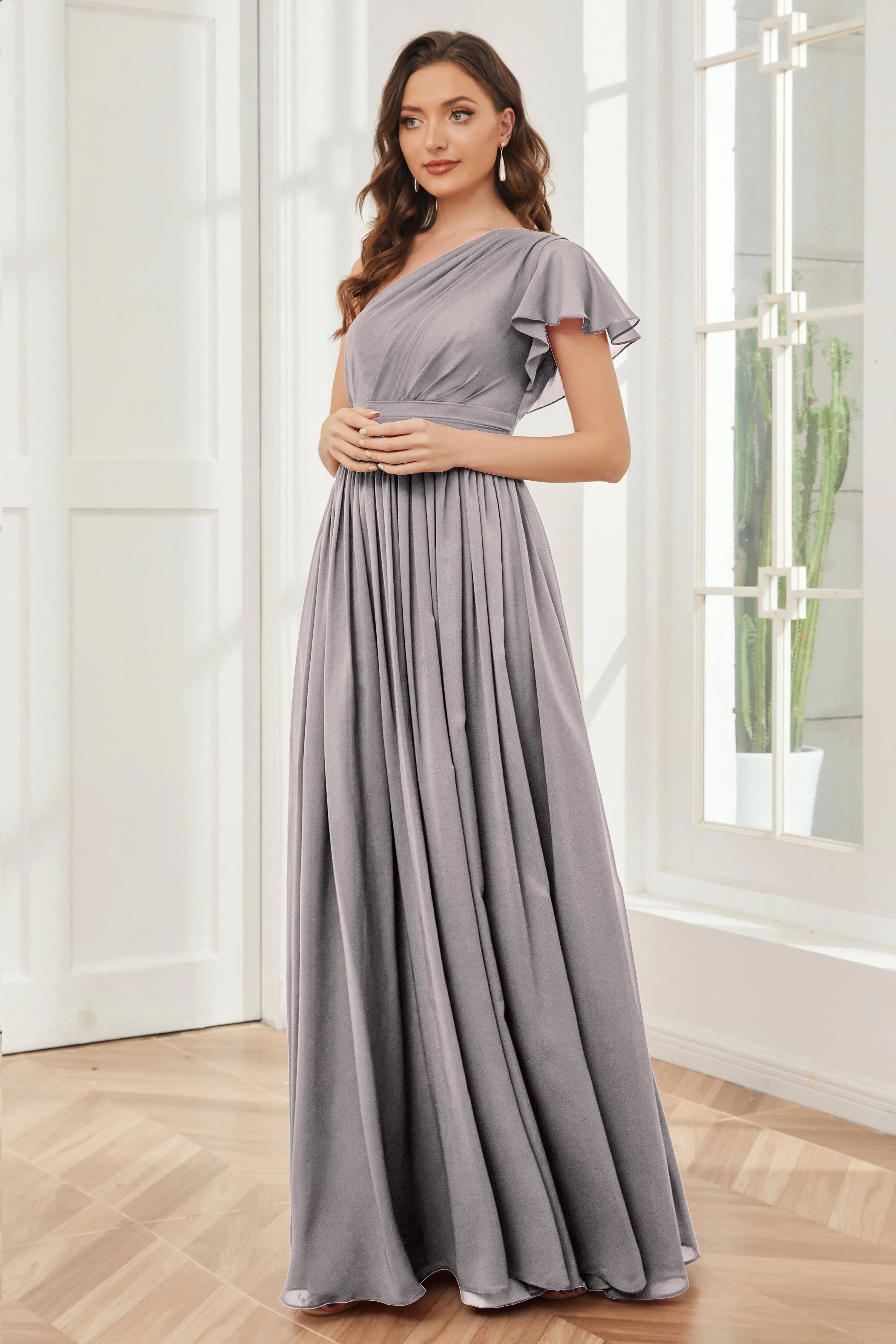 One Shoulder Chiffon Long Bridesmaid Dresses