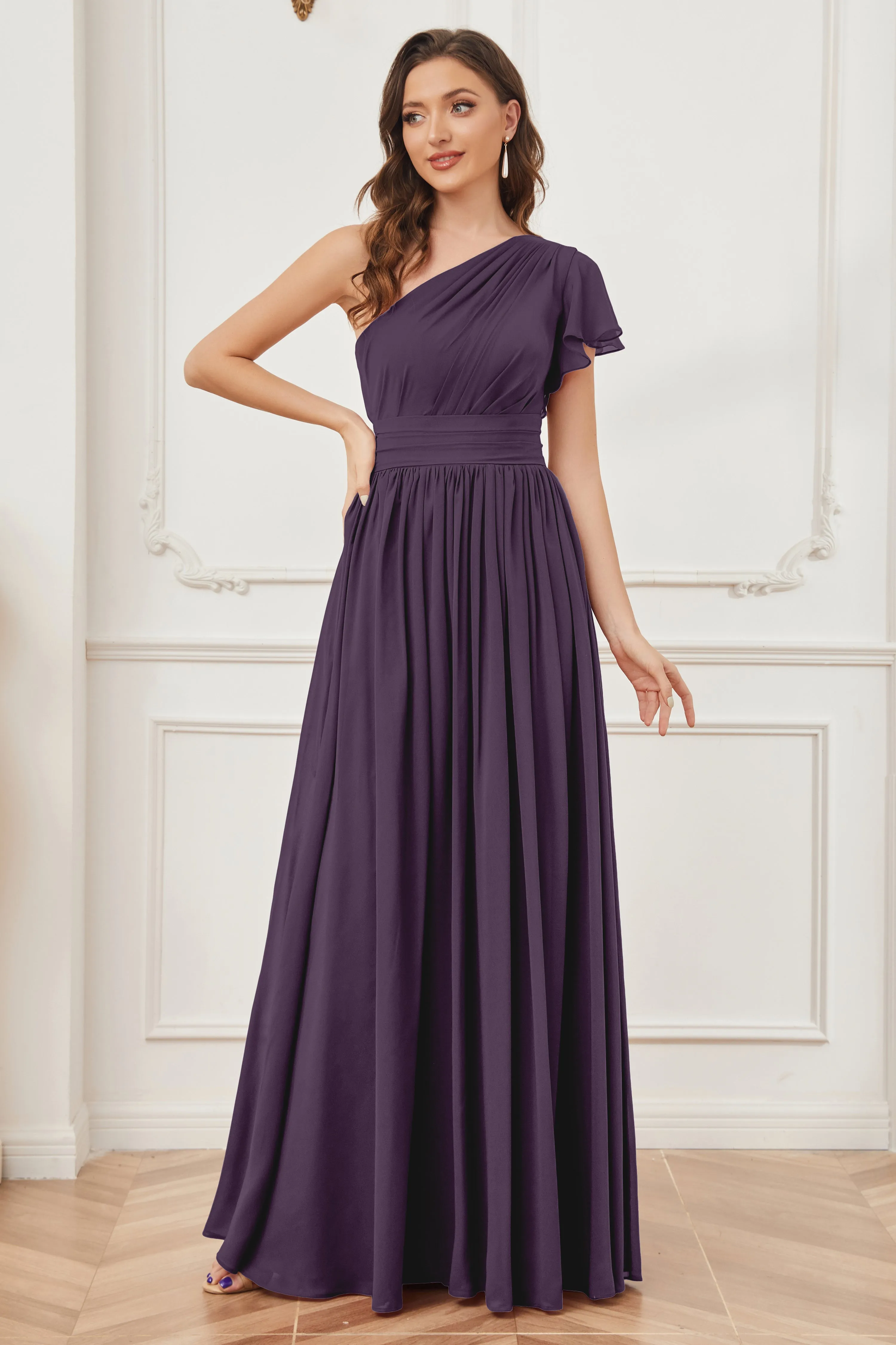 One Shoulder Chiffon Long Bridesmaid Dresses