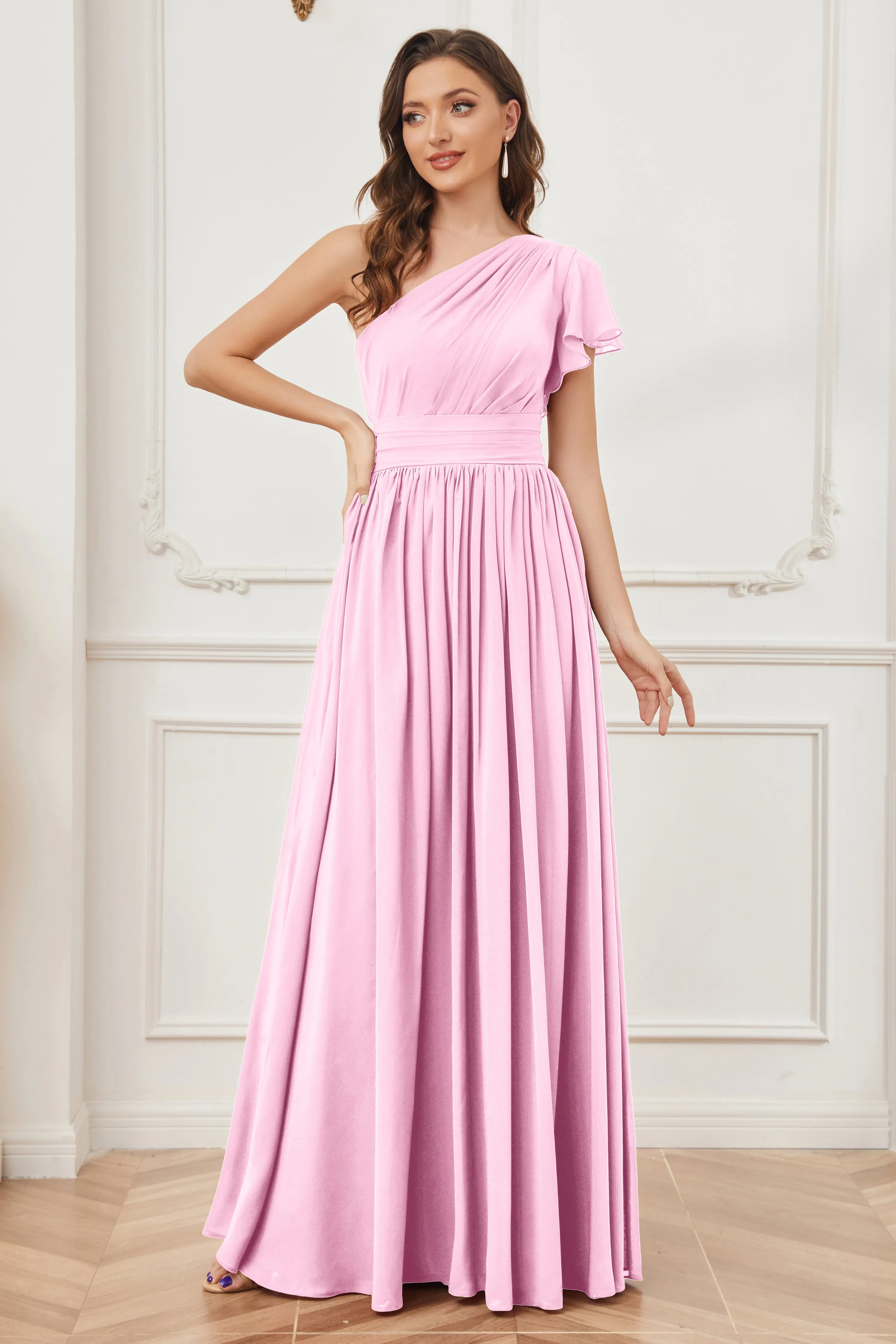 One Shoulder Chiffon Long Bridesmaid Dresses