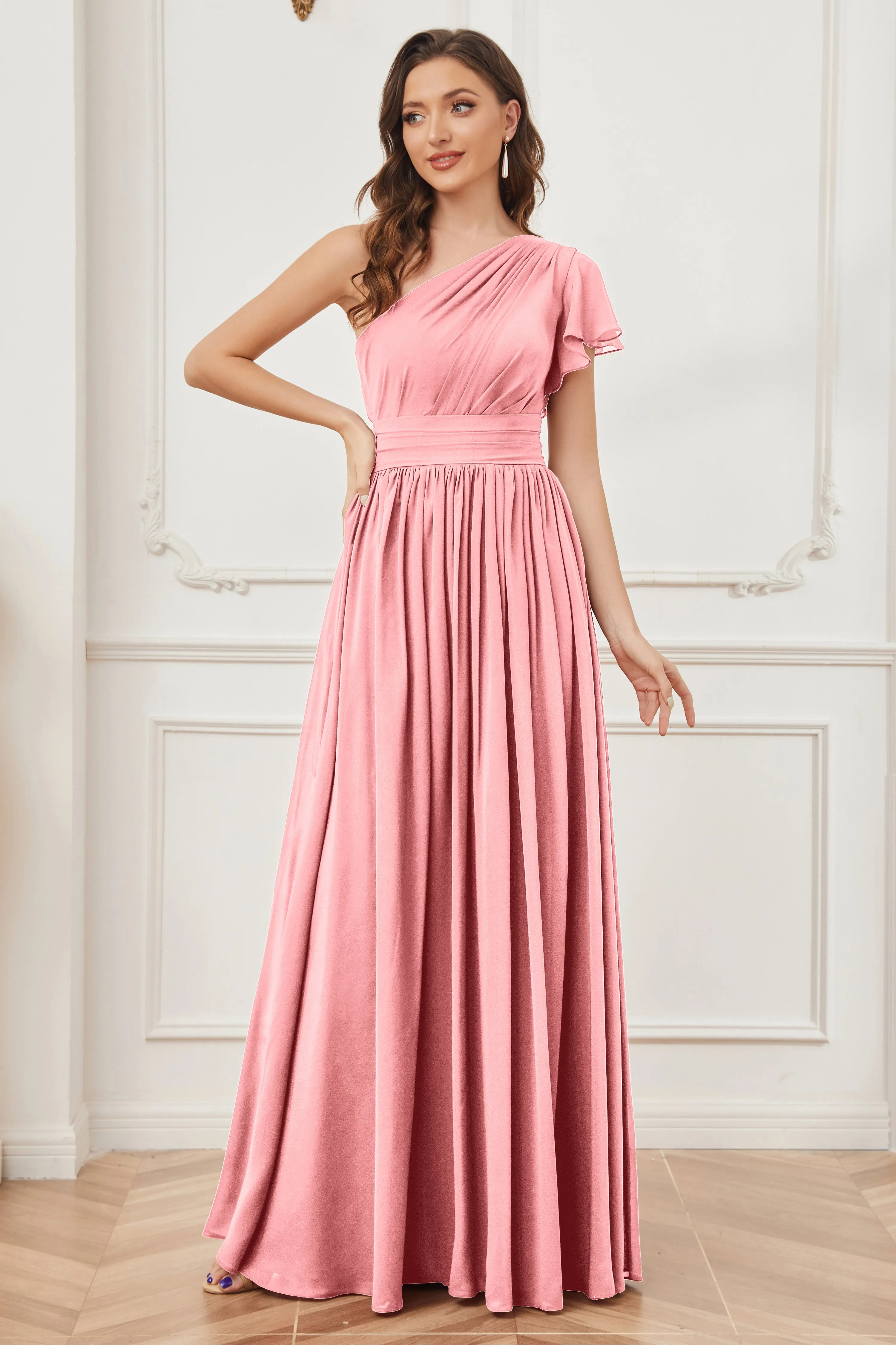 One Shoulder Chiffon Long Bridesmaid Dresses