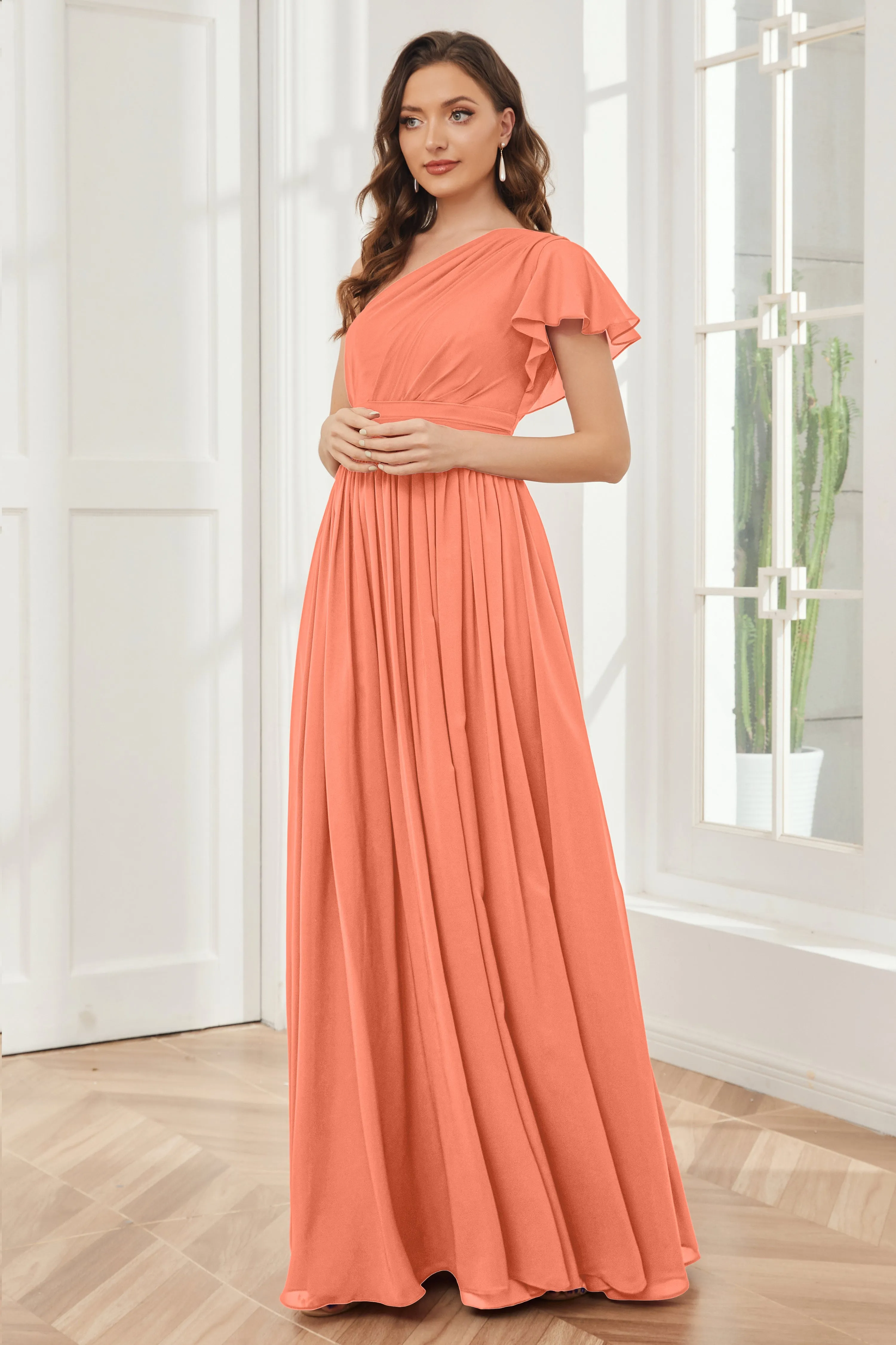 One Shoulder Chiffon Long Bridesmaid Dresses