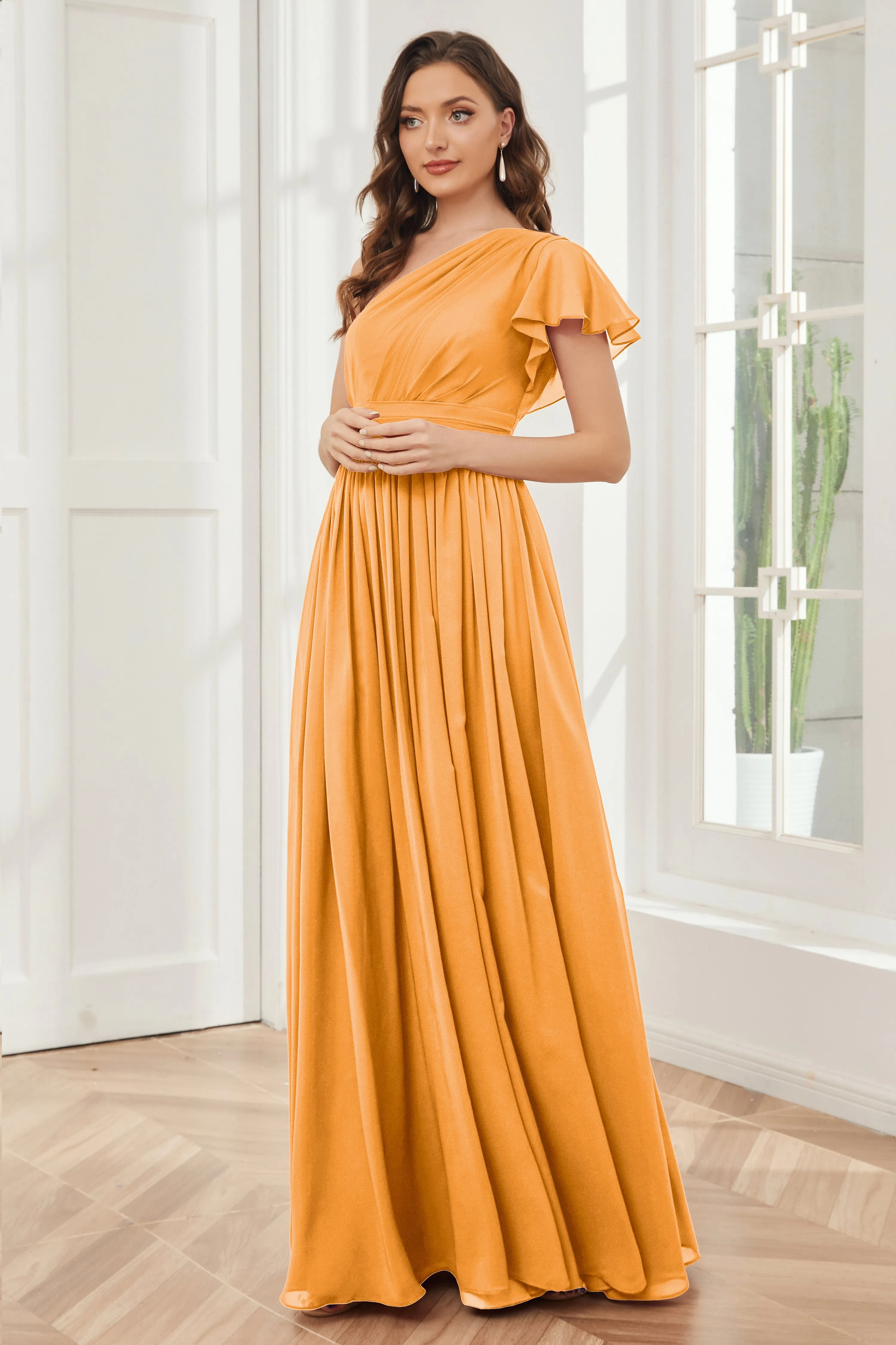 One Shoulder Chiffon Long Bridesmaid Dresses