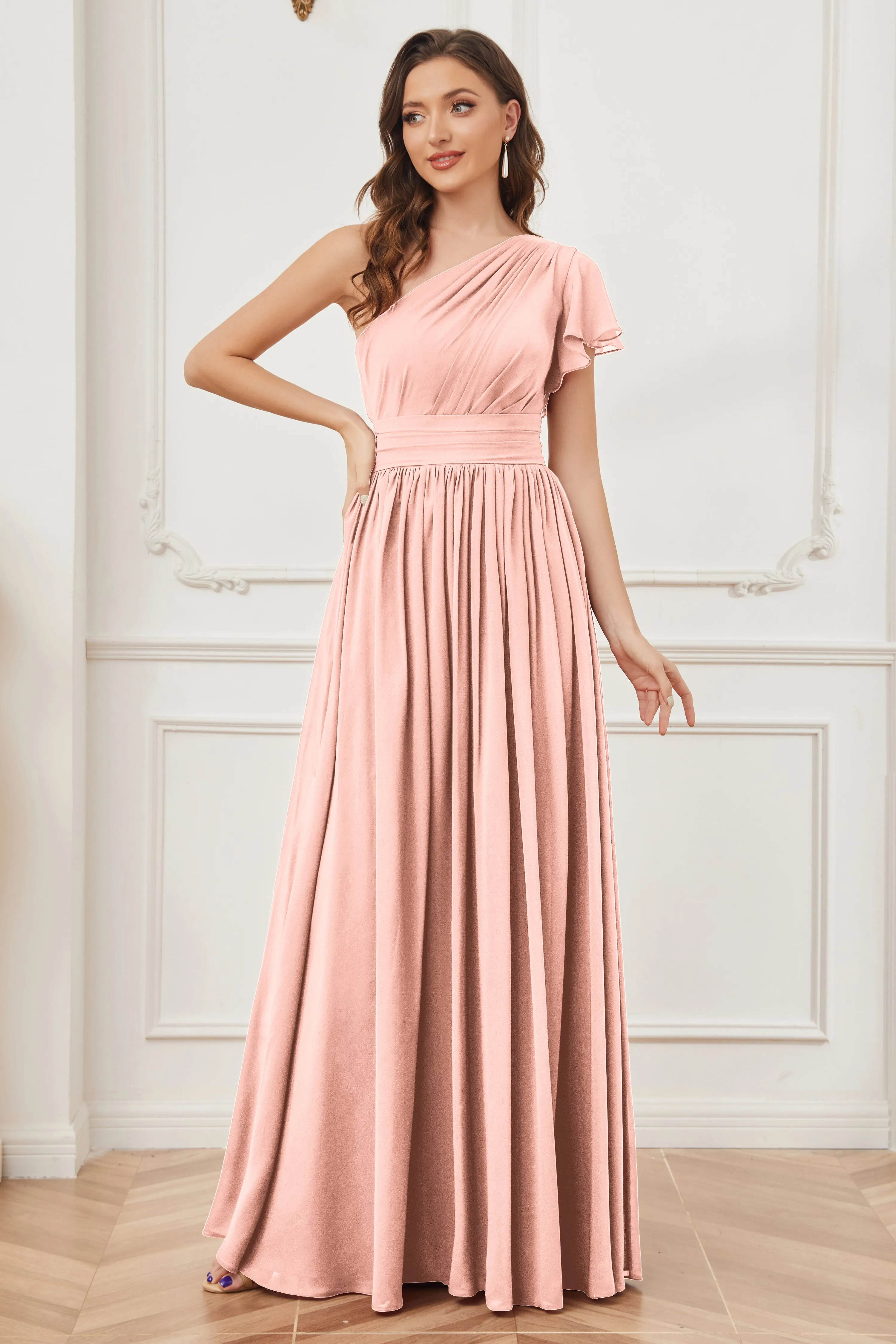 One Shoulder Chiffon Long Bridesmaid Dresses