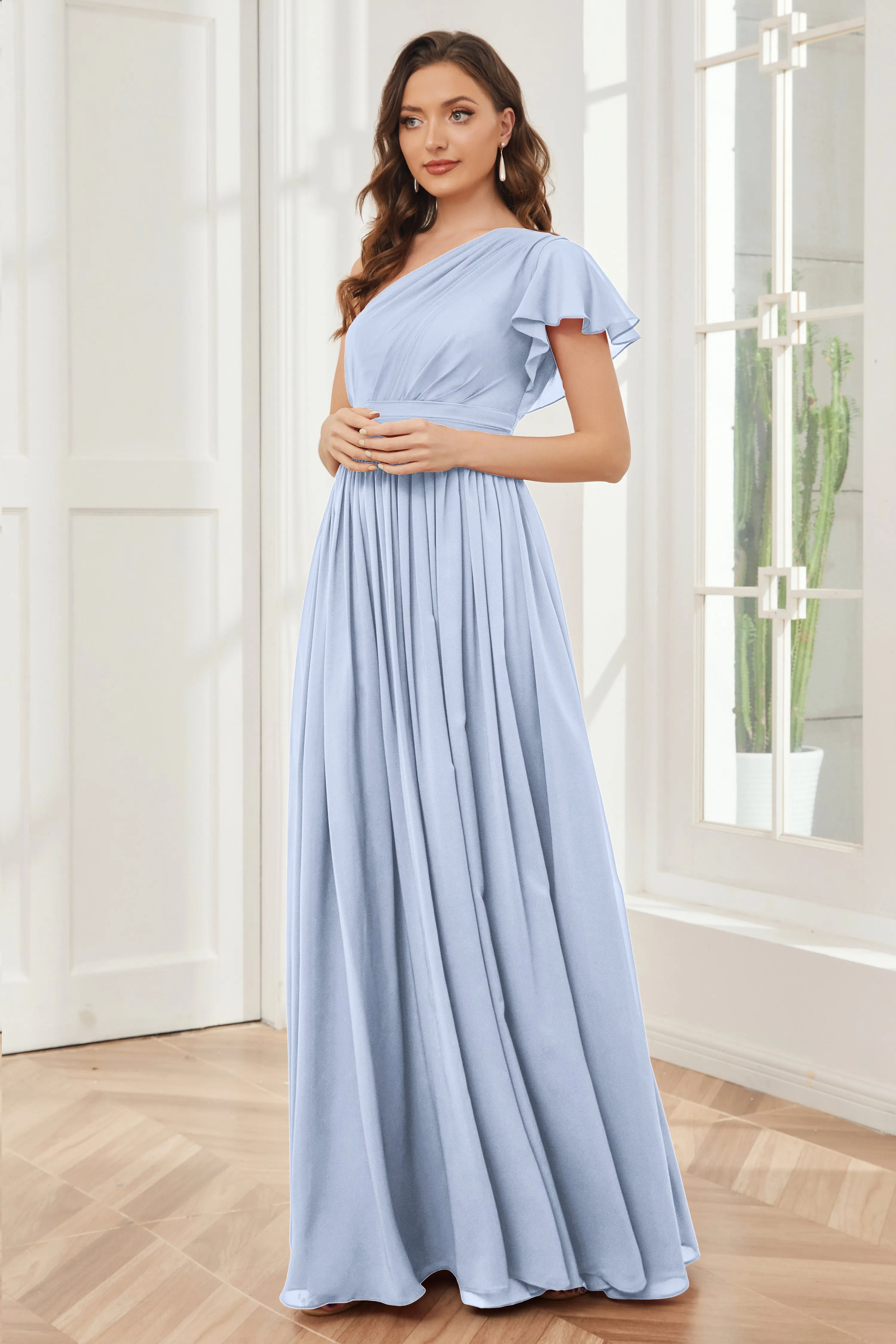 One Shoulder Chiffon Long Bridesmaid Dresses