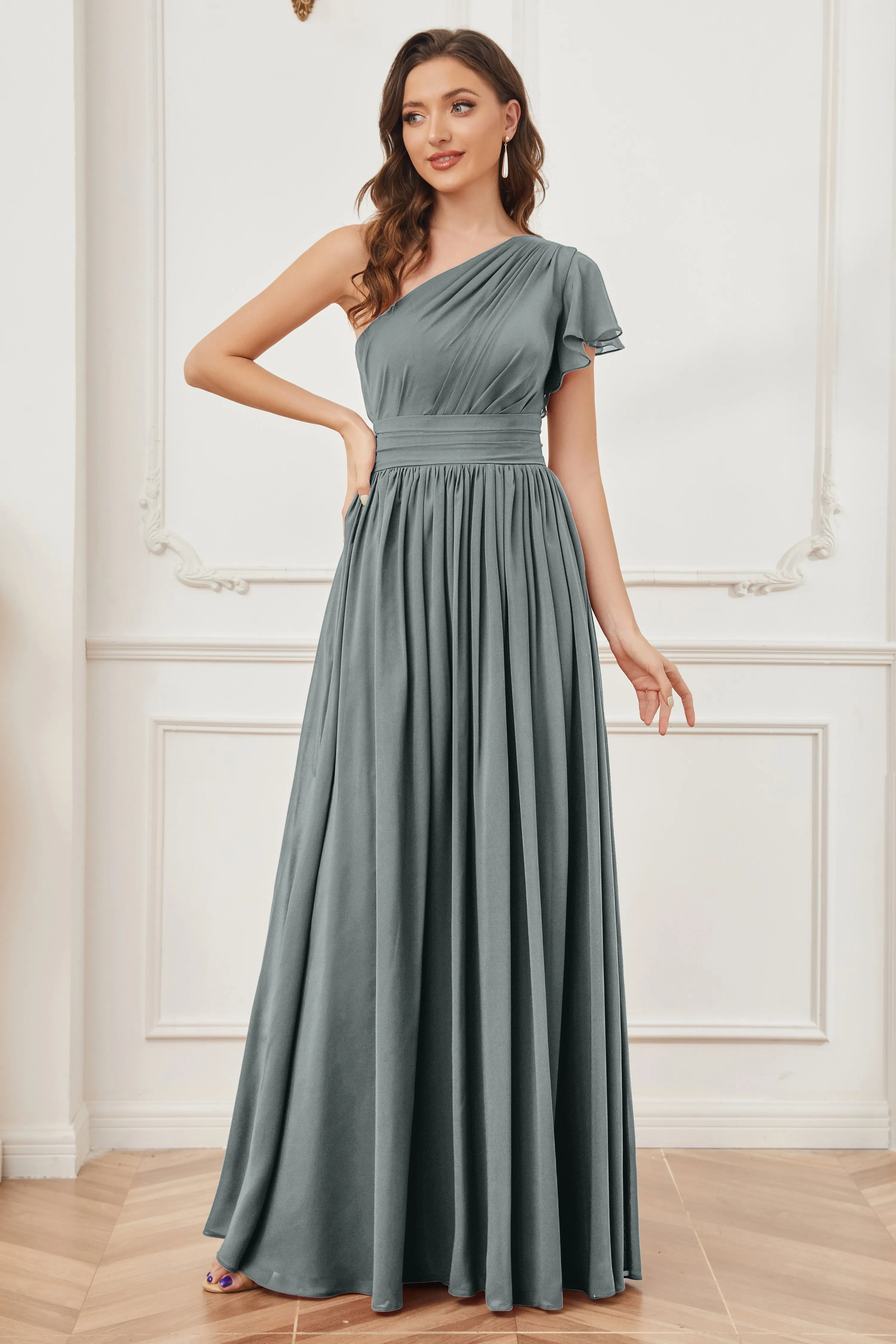 One Shoulder Chiffon Long Bridesmaid Dresses