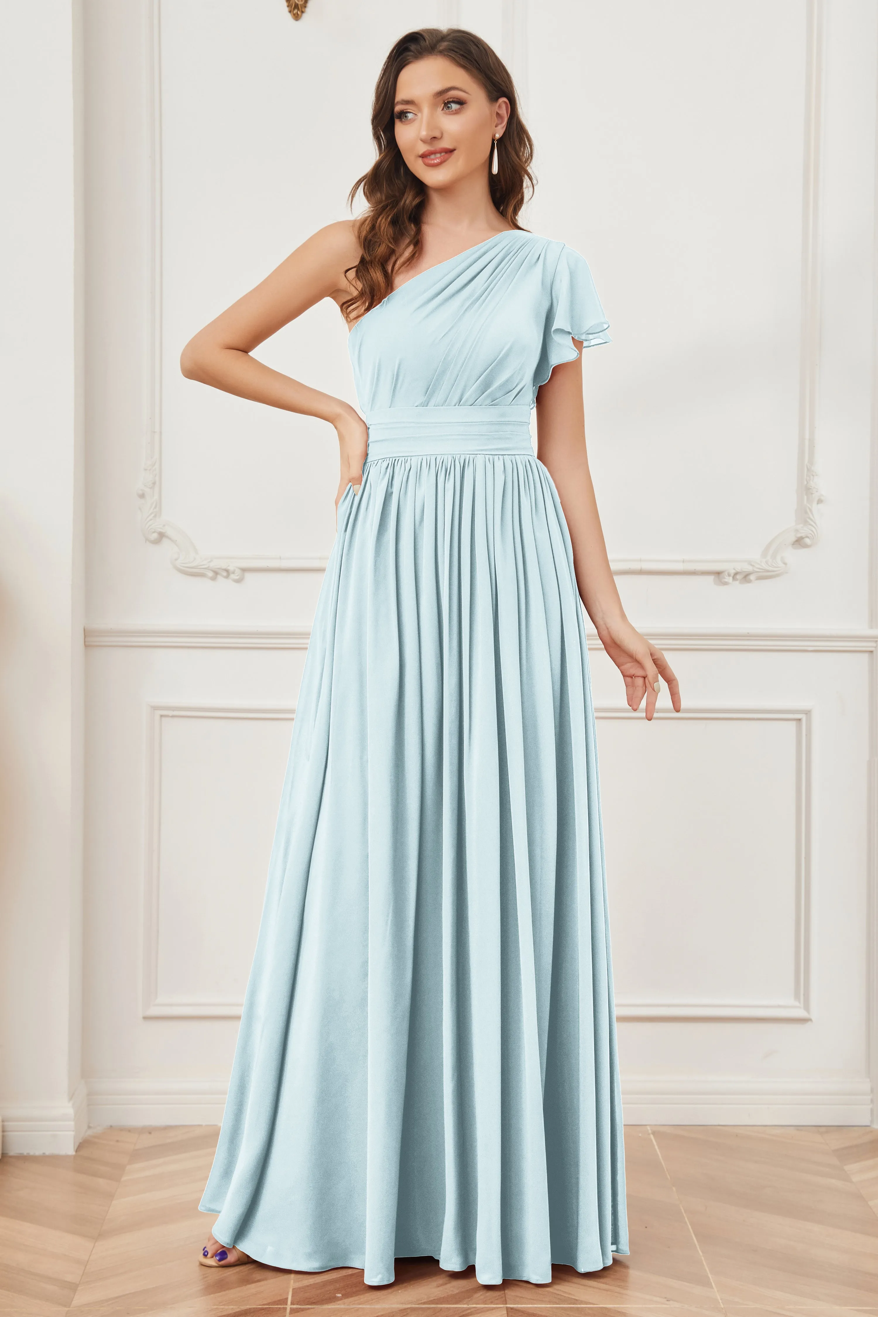 One Shoulder Chiffon Long Bridesmaid Dresses