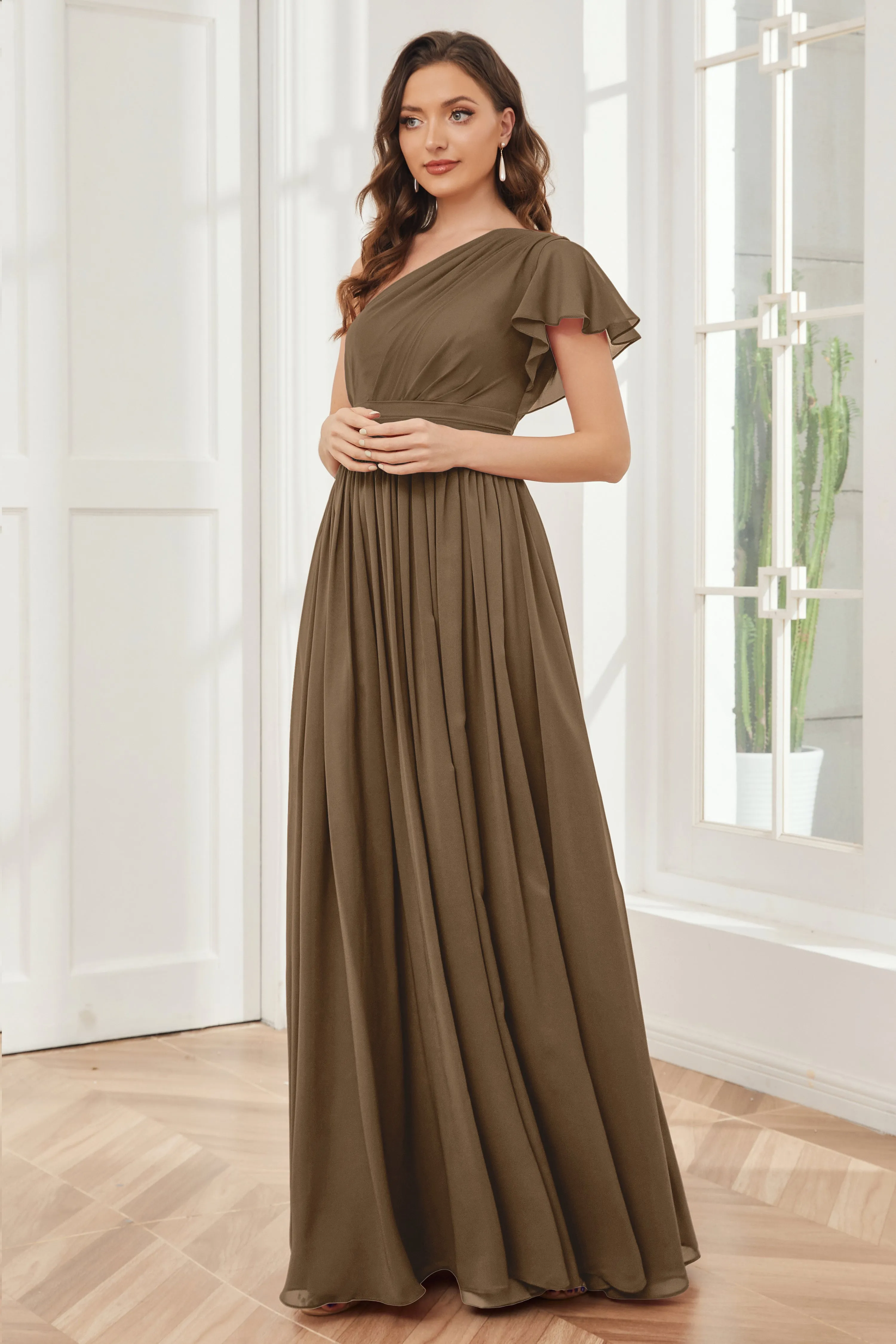 One Shoulder Chiffon Long Bridesmaid Dresses
