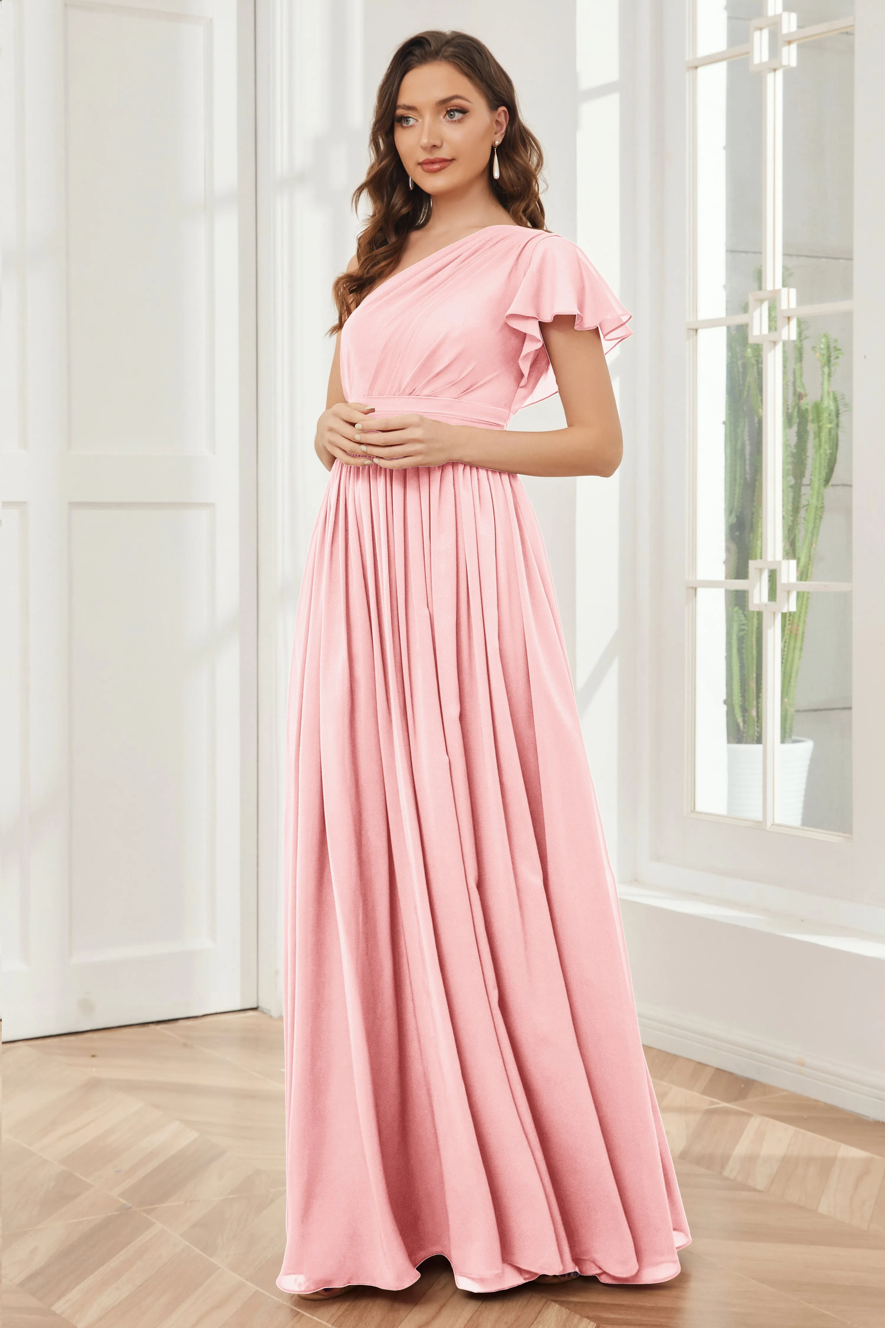 One Shoulder Chiffon Long Bridesmaid Dresses