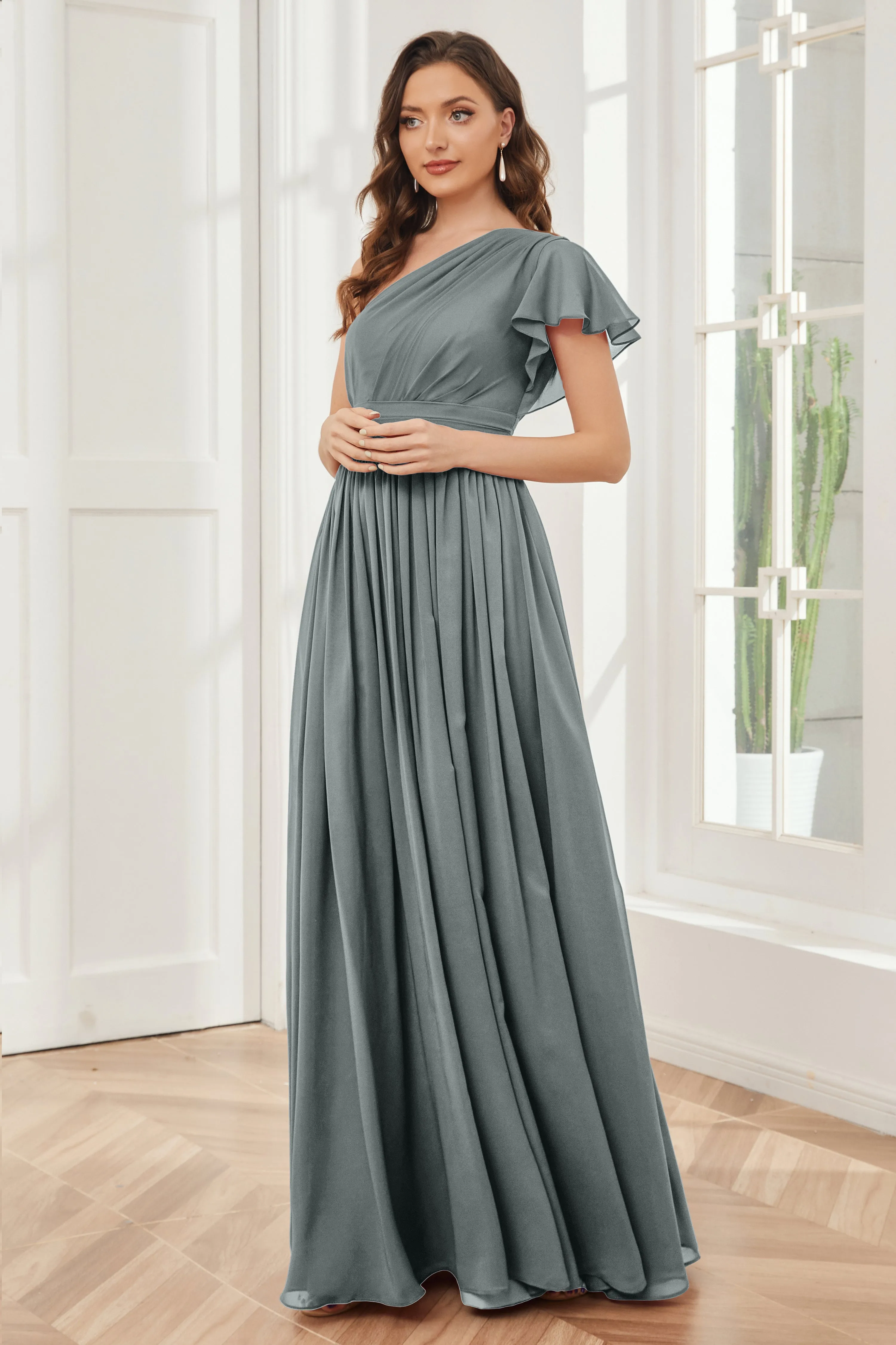 One Shoulder Chiffon Long Bridesmaid Dresses
