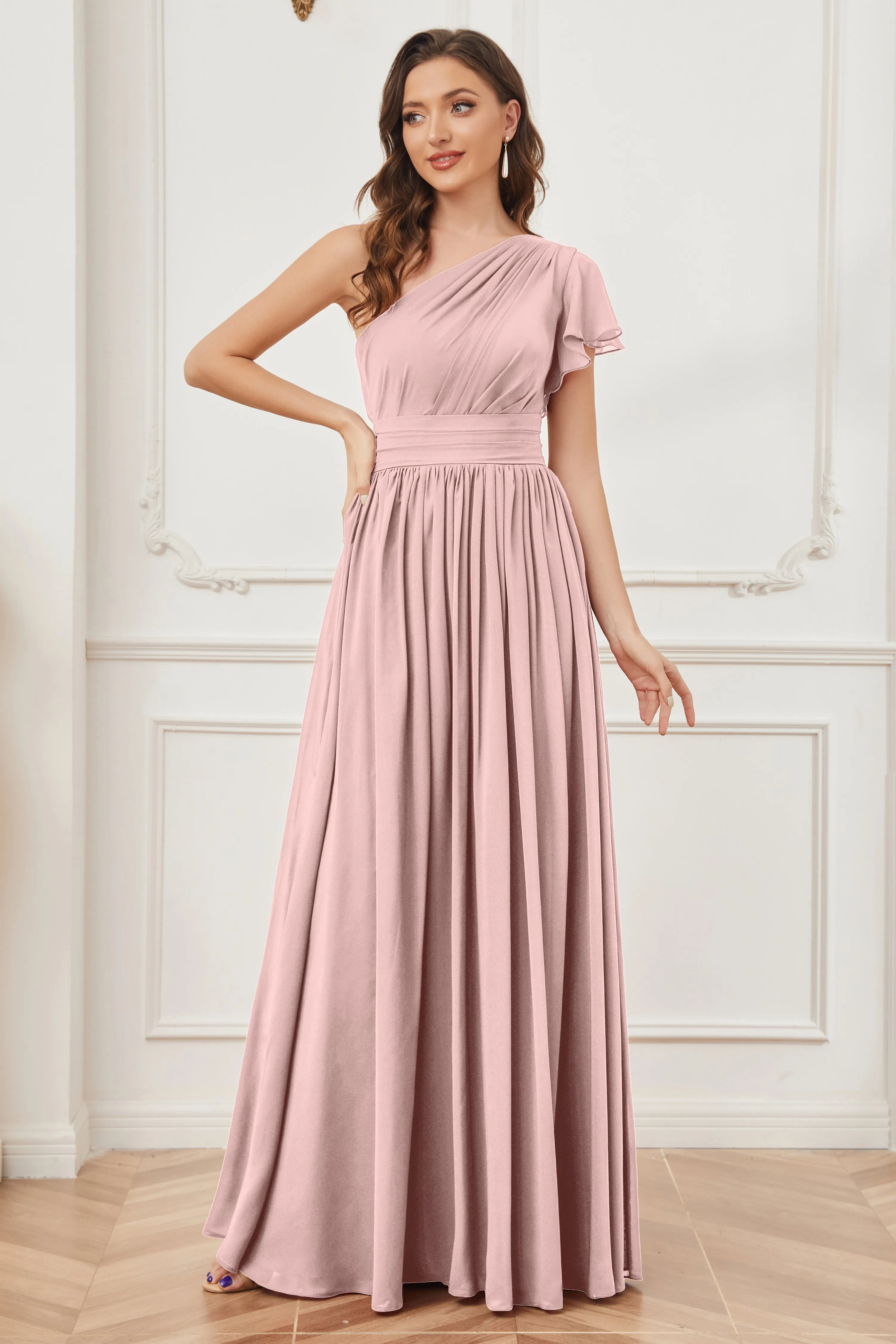 One Shoulder Chiffon Long Bridesmaid Dresses