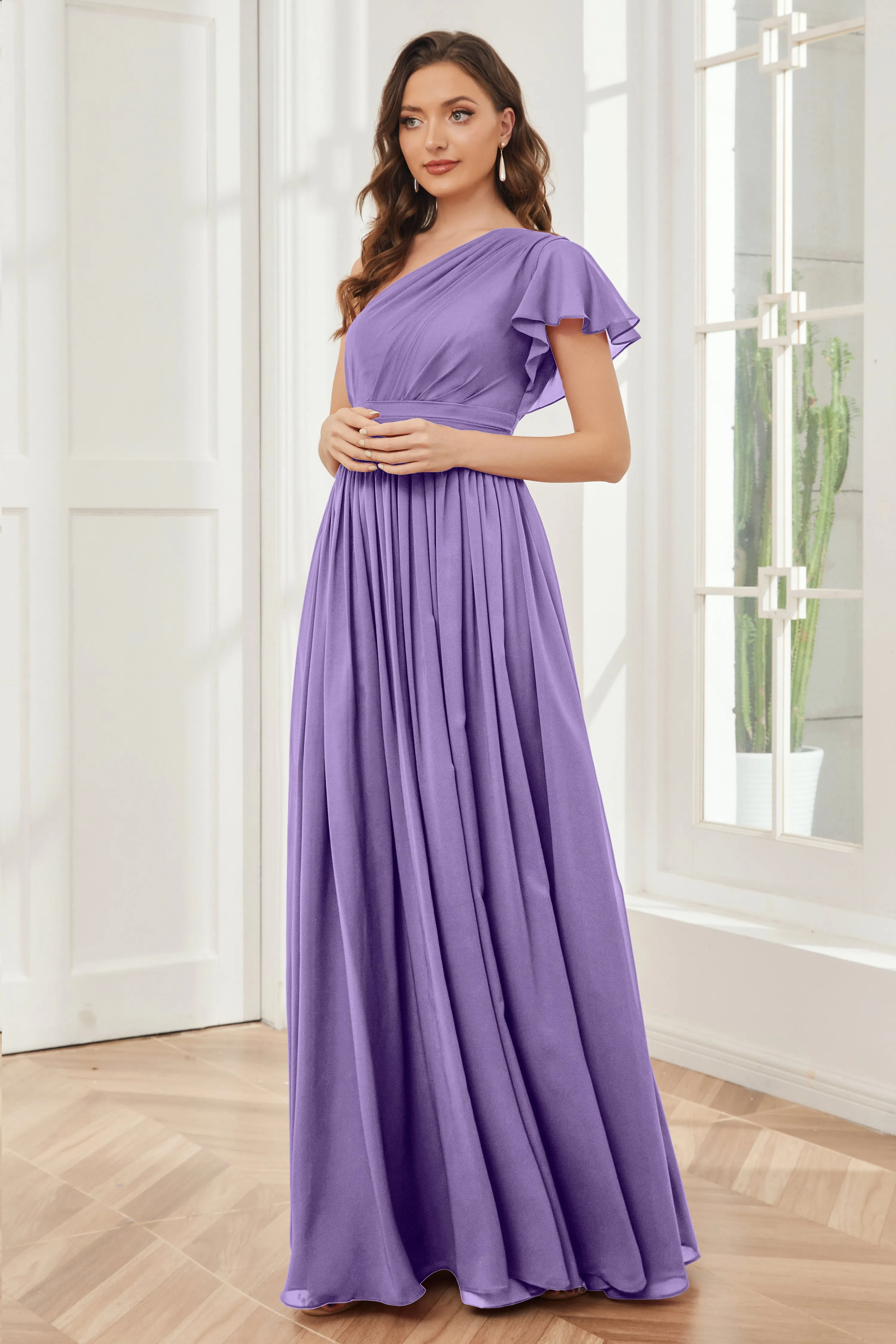 One Shoulder Chiffon Long Bridesmaid Dresses