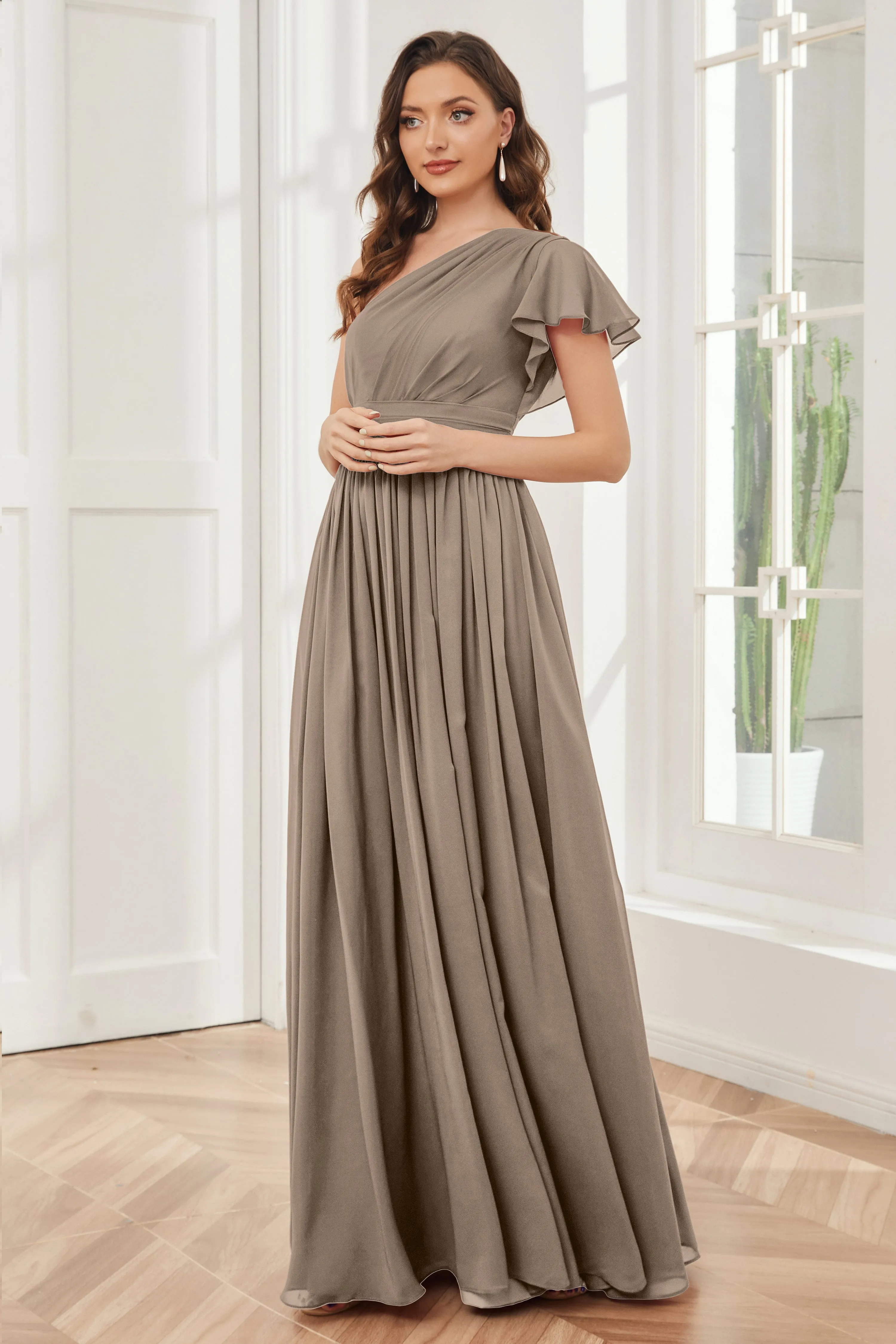 One Shoulder Chiffon Long Bridesmaid Dresses