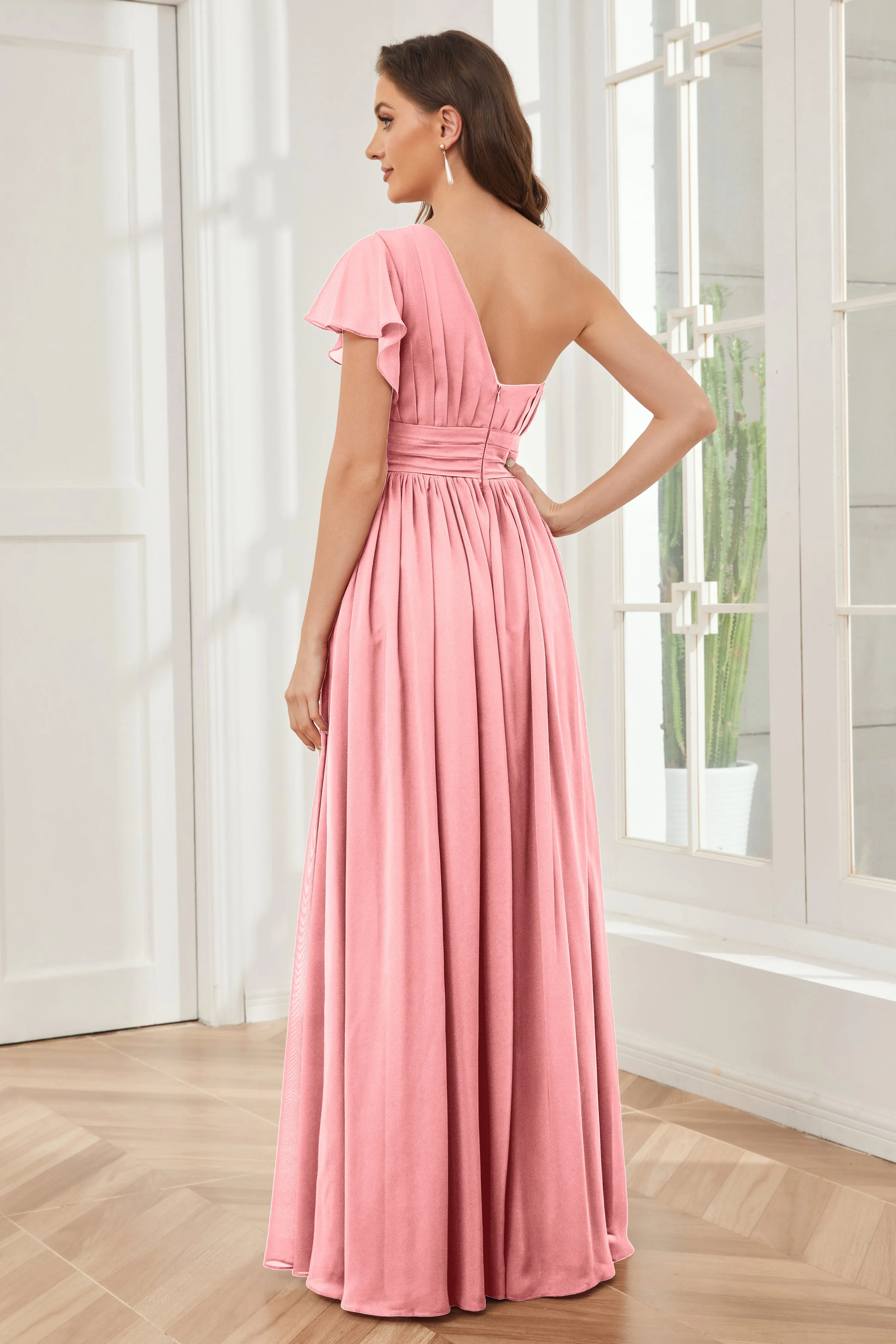 One Shoulder Chiffon Long Bridesmaid Dresses