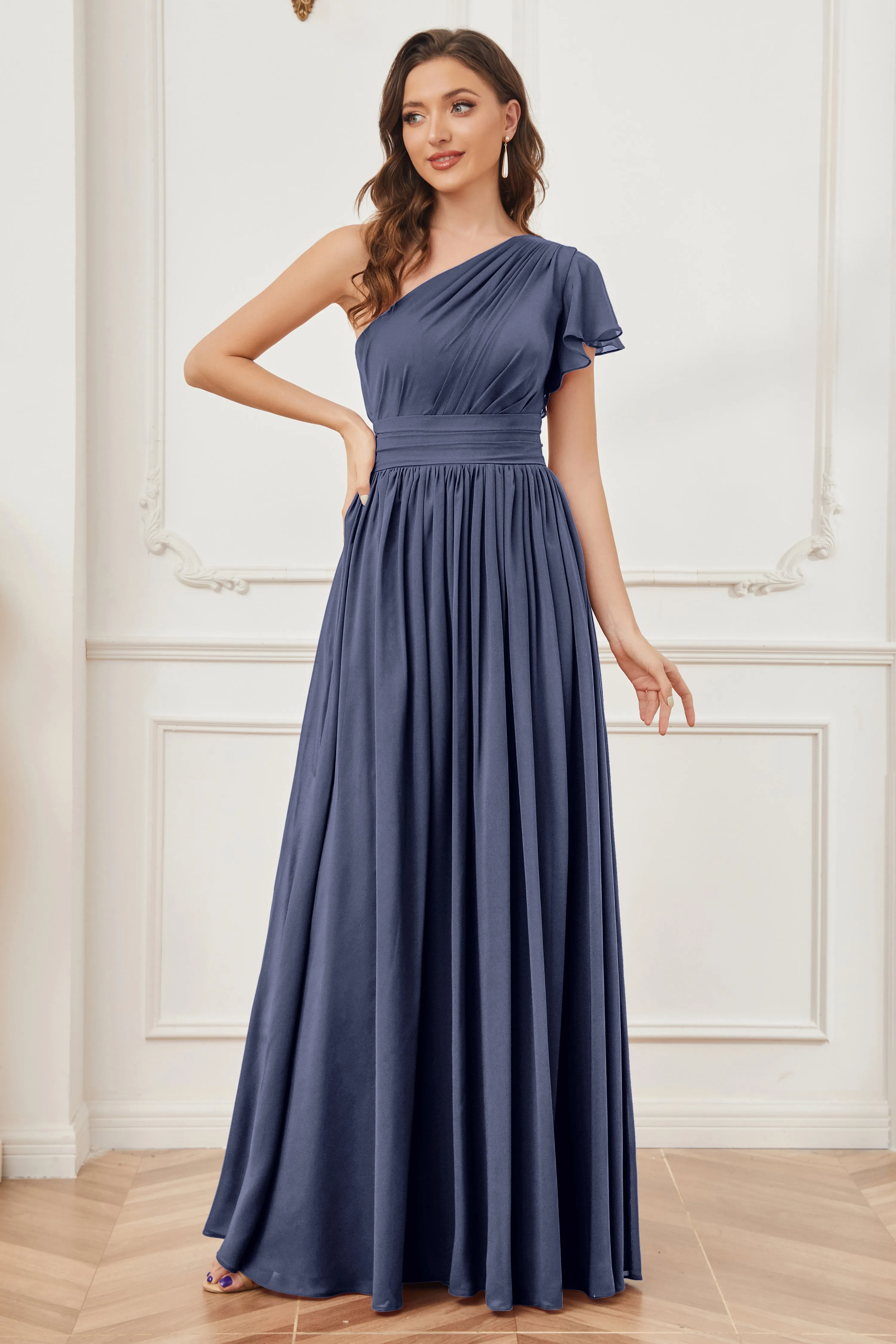 One Shoulder Chiffon Long Bridesmaid Dresses