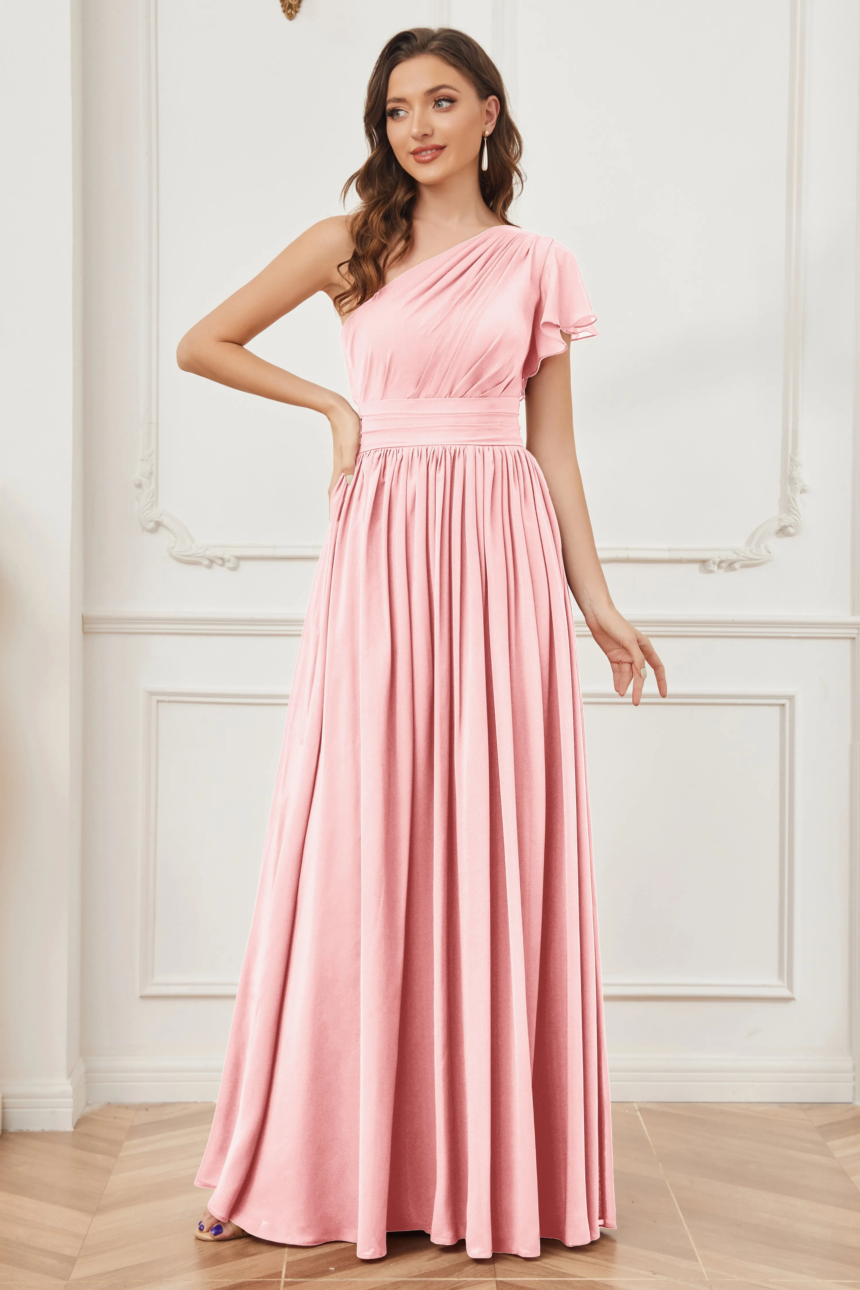 One Shoulder Chiffon Long Bridesmaid Dresses
