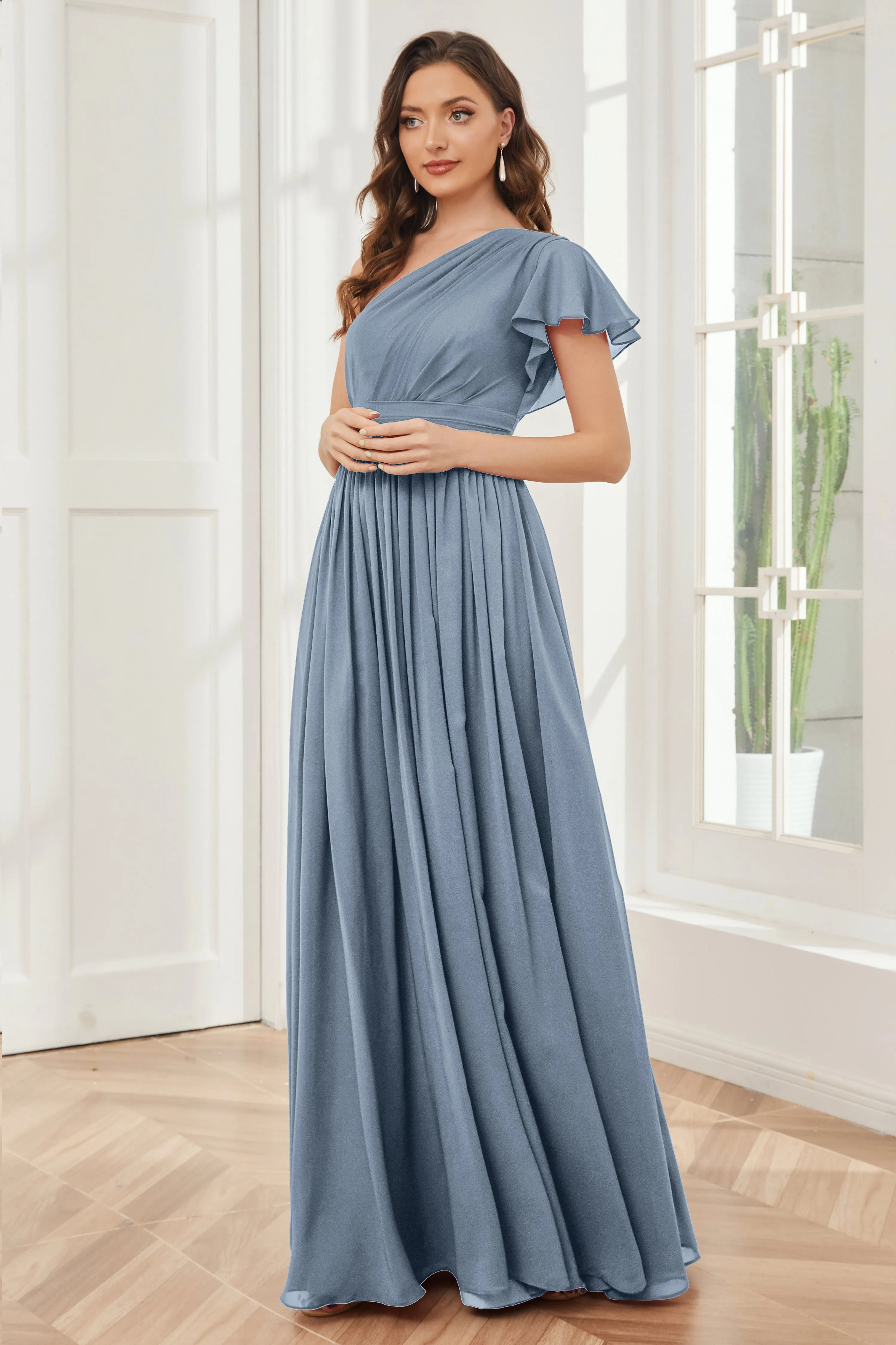 One Shoulder Chiffon Long Bridesmaid Dresses
