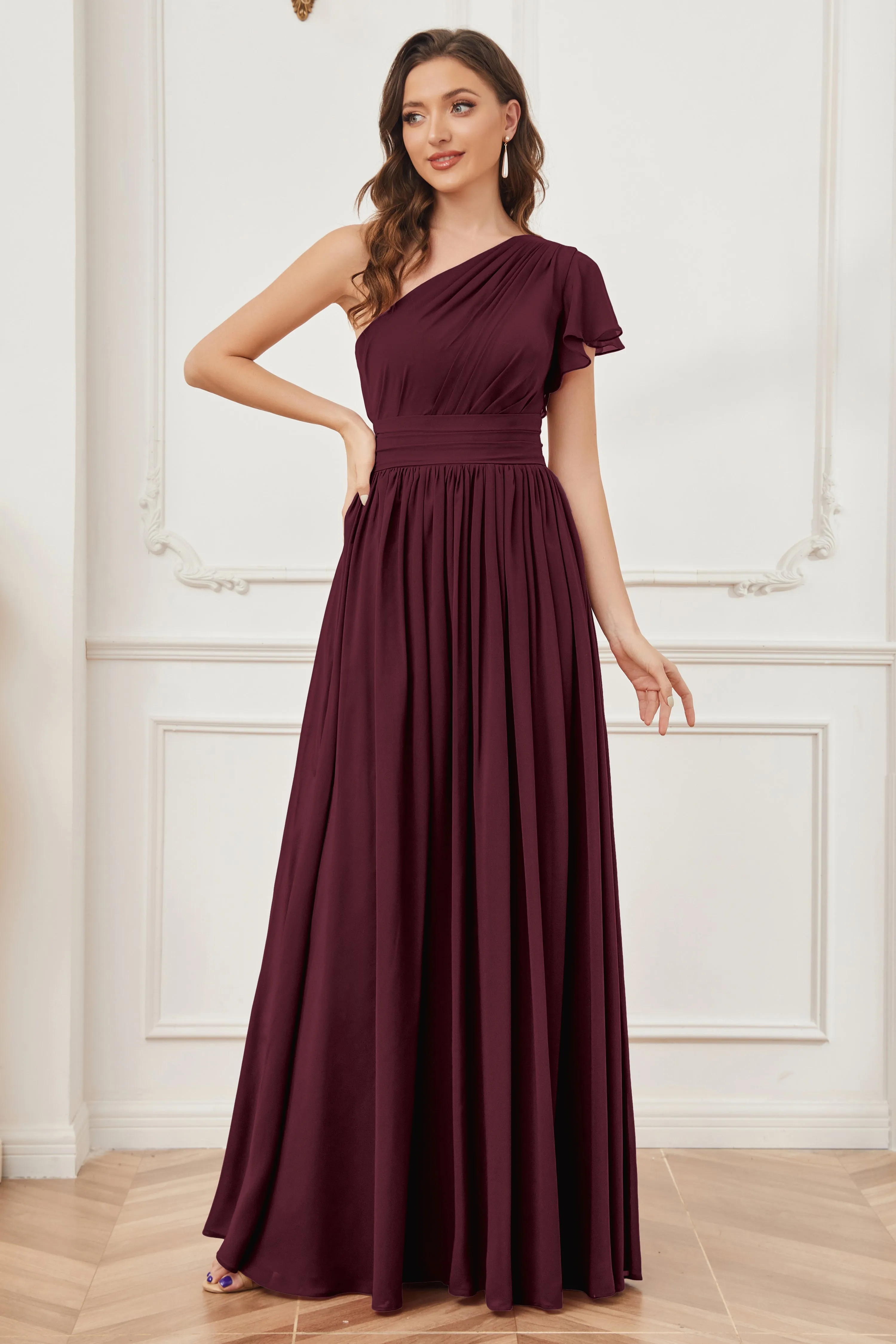 One Shoulder Chiffon Long Bridesmaid Dresses